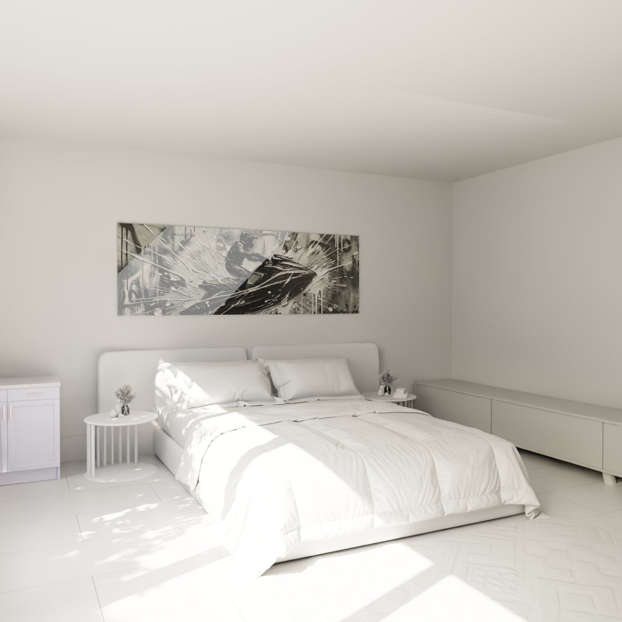 Tableau jet-ski action urbaine noir blanc décorant élégamment une chambre moderne avec style sportif