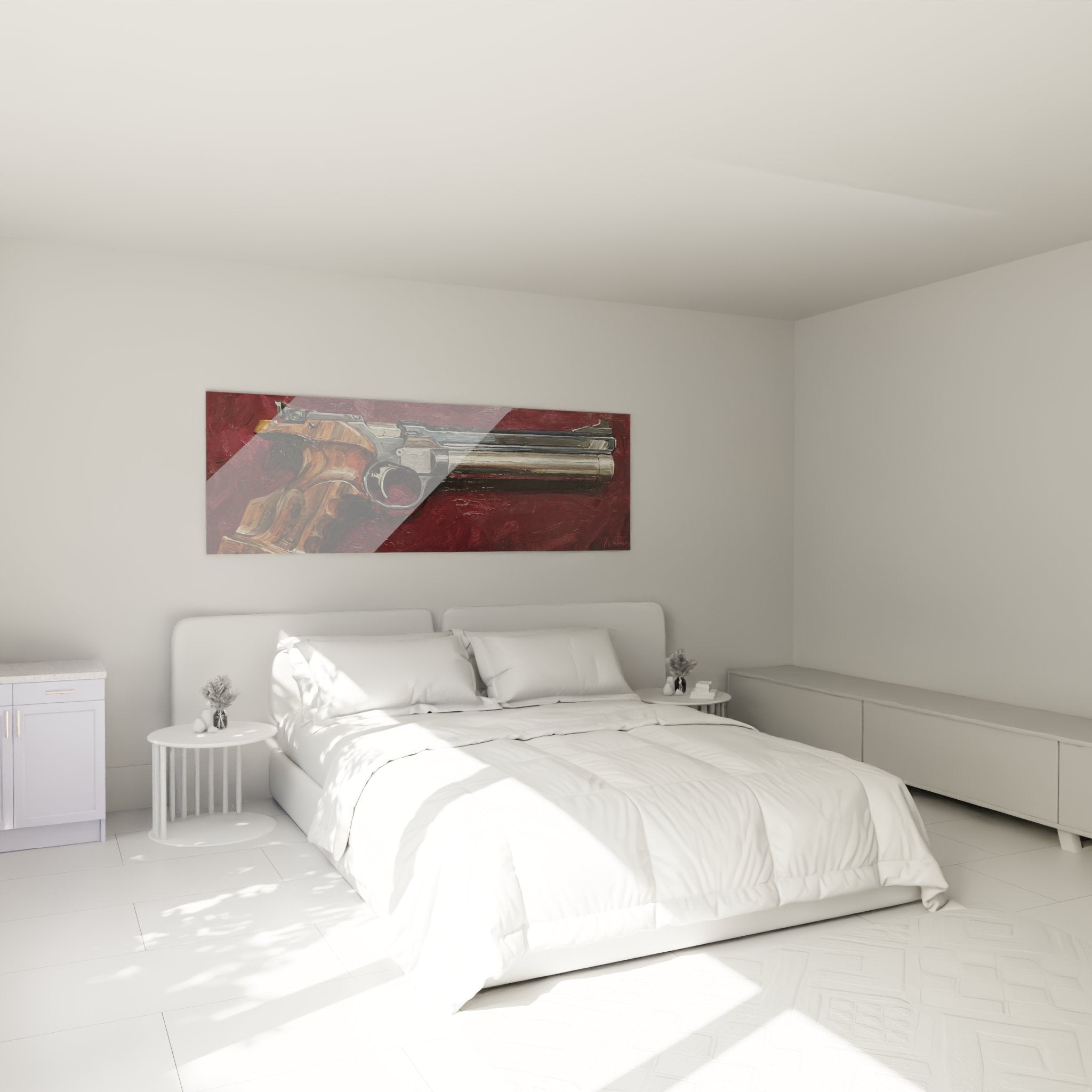 Bedroom decoration revolver precision chrome wall art - elegant masculine atmosphere sport shooting