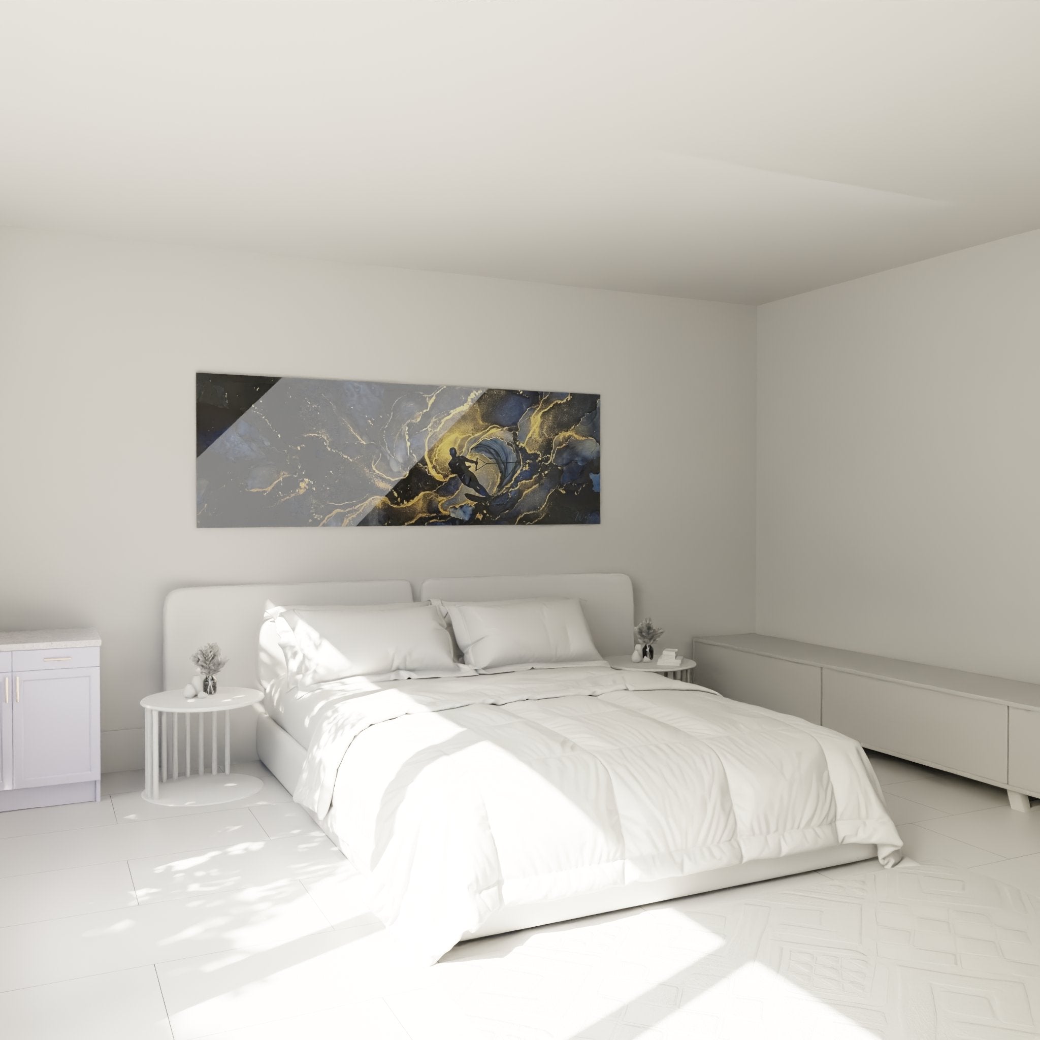 Decorazione murale marina astratta in camera moderna con motivi di onde dorate e blu