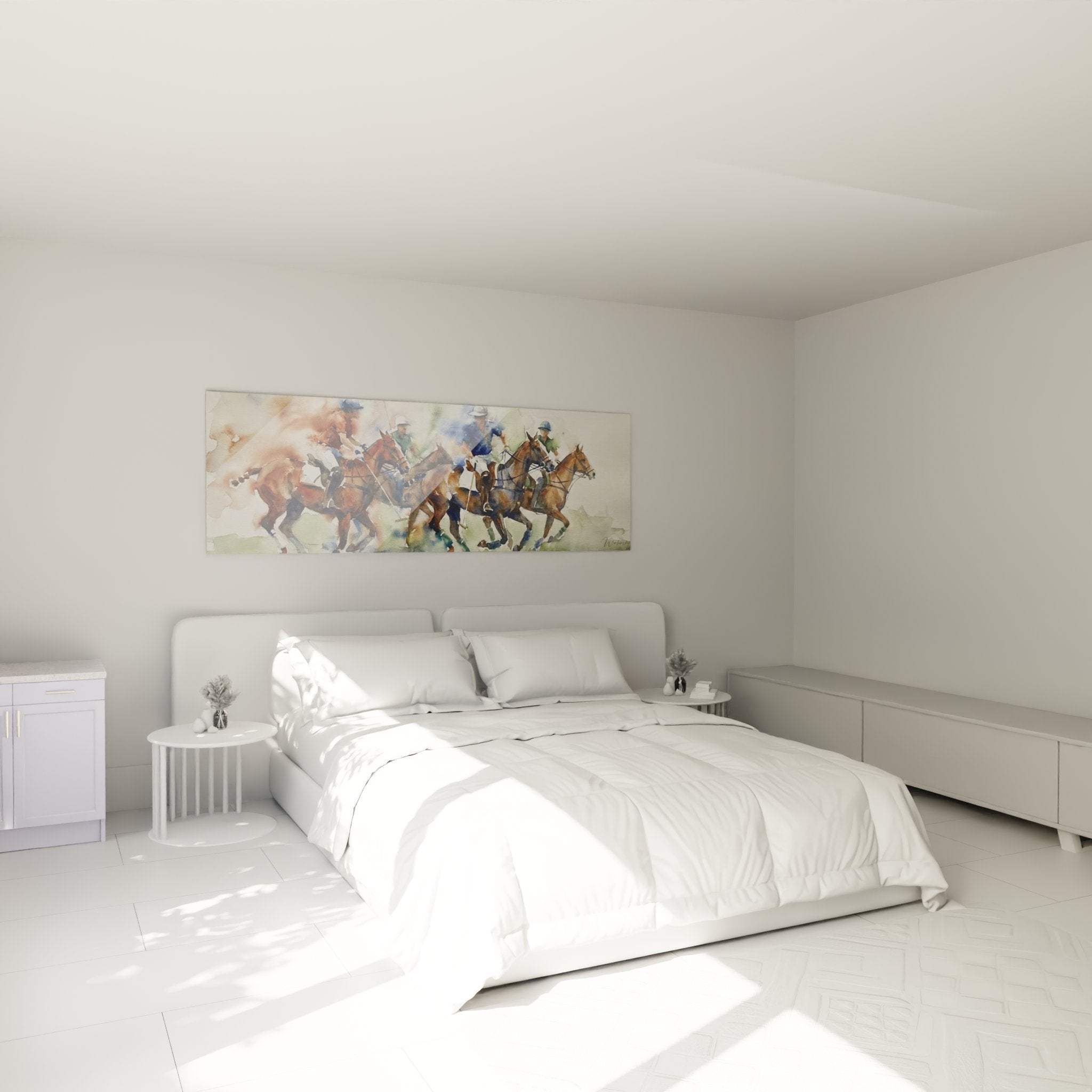 Wanddekoration Polo Aquarell in modernem Schlafzimmer mit eleganter sportlicher Atmosphäre
