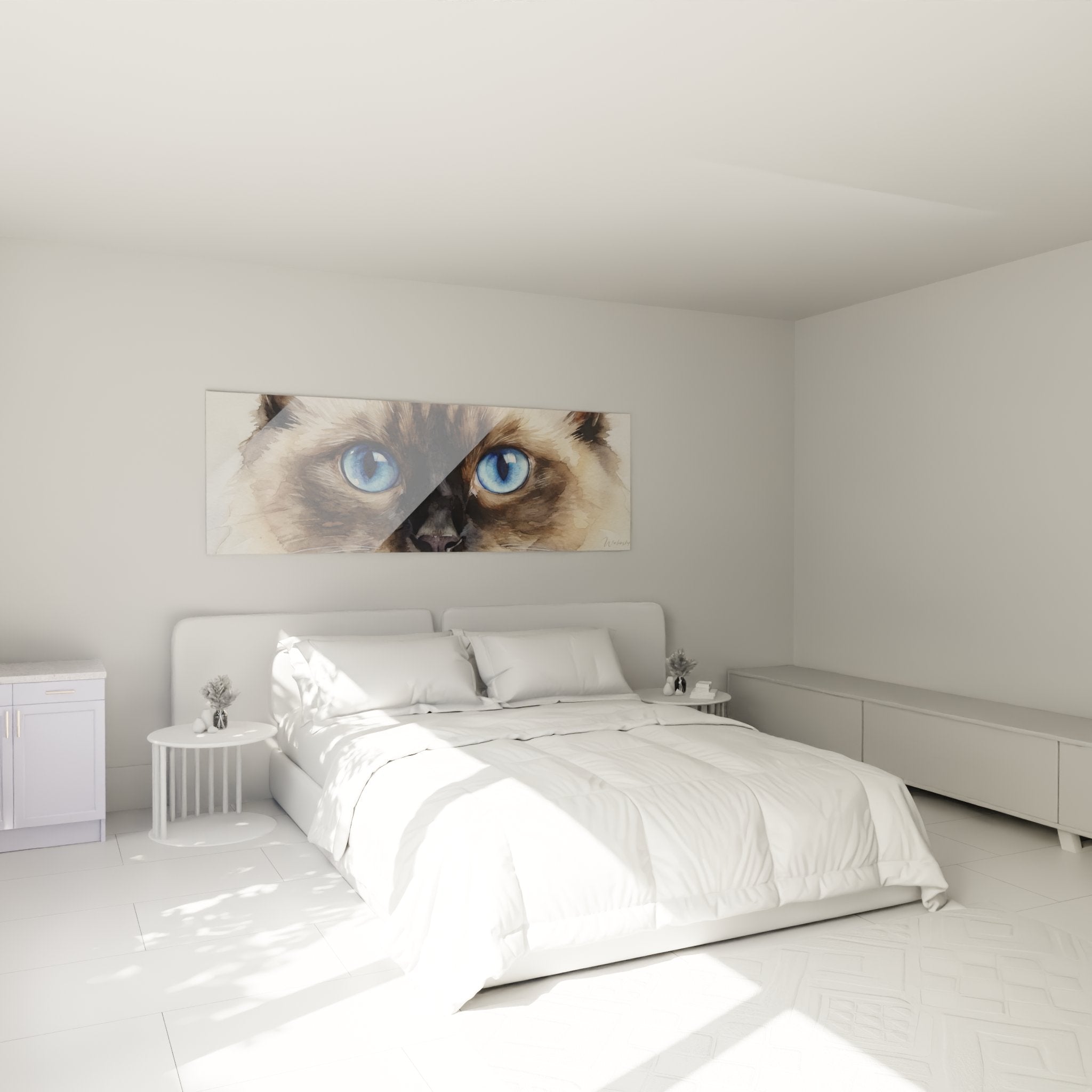 Quadro gatto Ragdoll occhi blu in camera moderna, decorazione murale felina elegante e rilassante