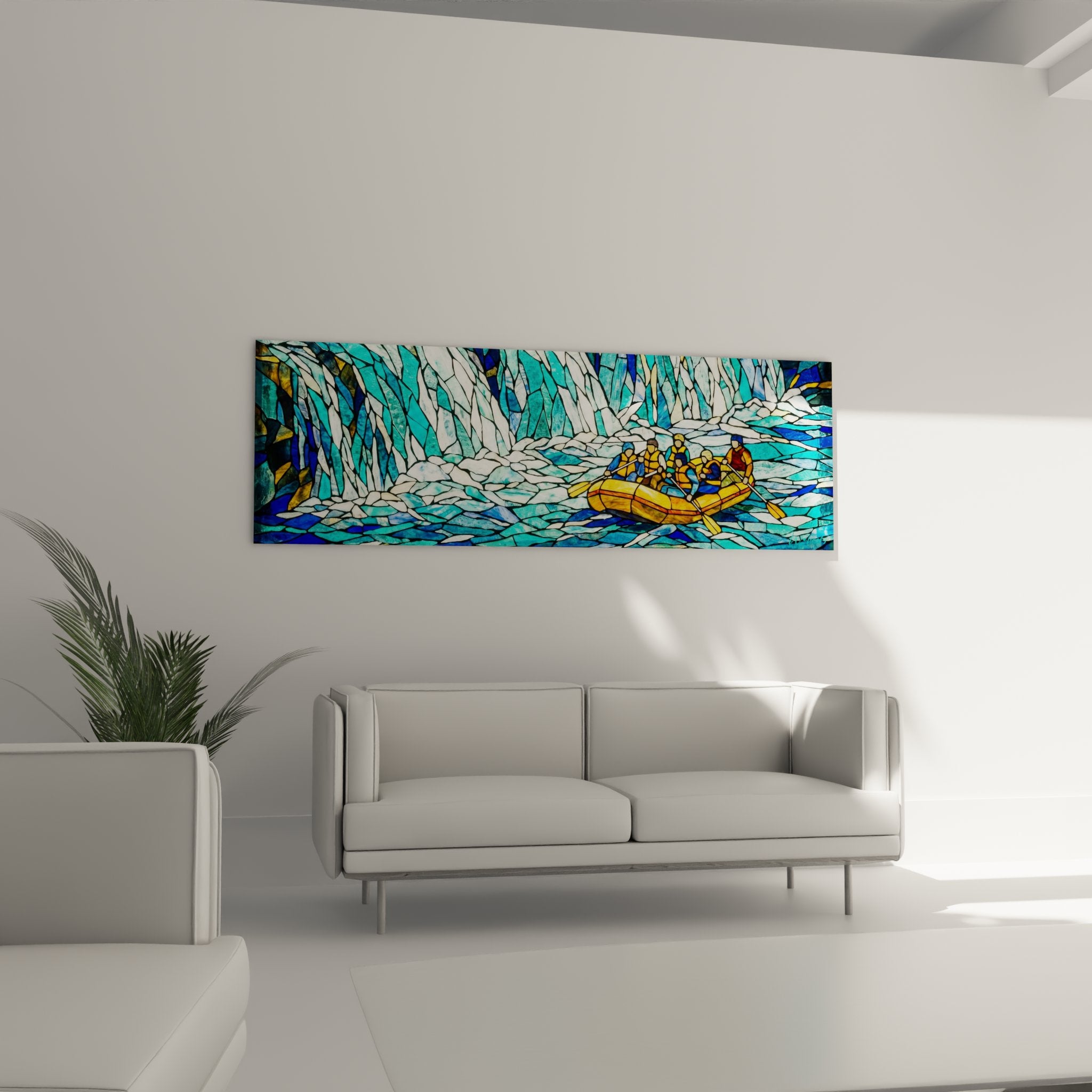 Detail of mosaic rafting artwork showing stained glass technique with colored fragments, water splashes and yellow boat