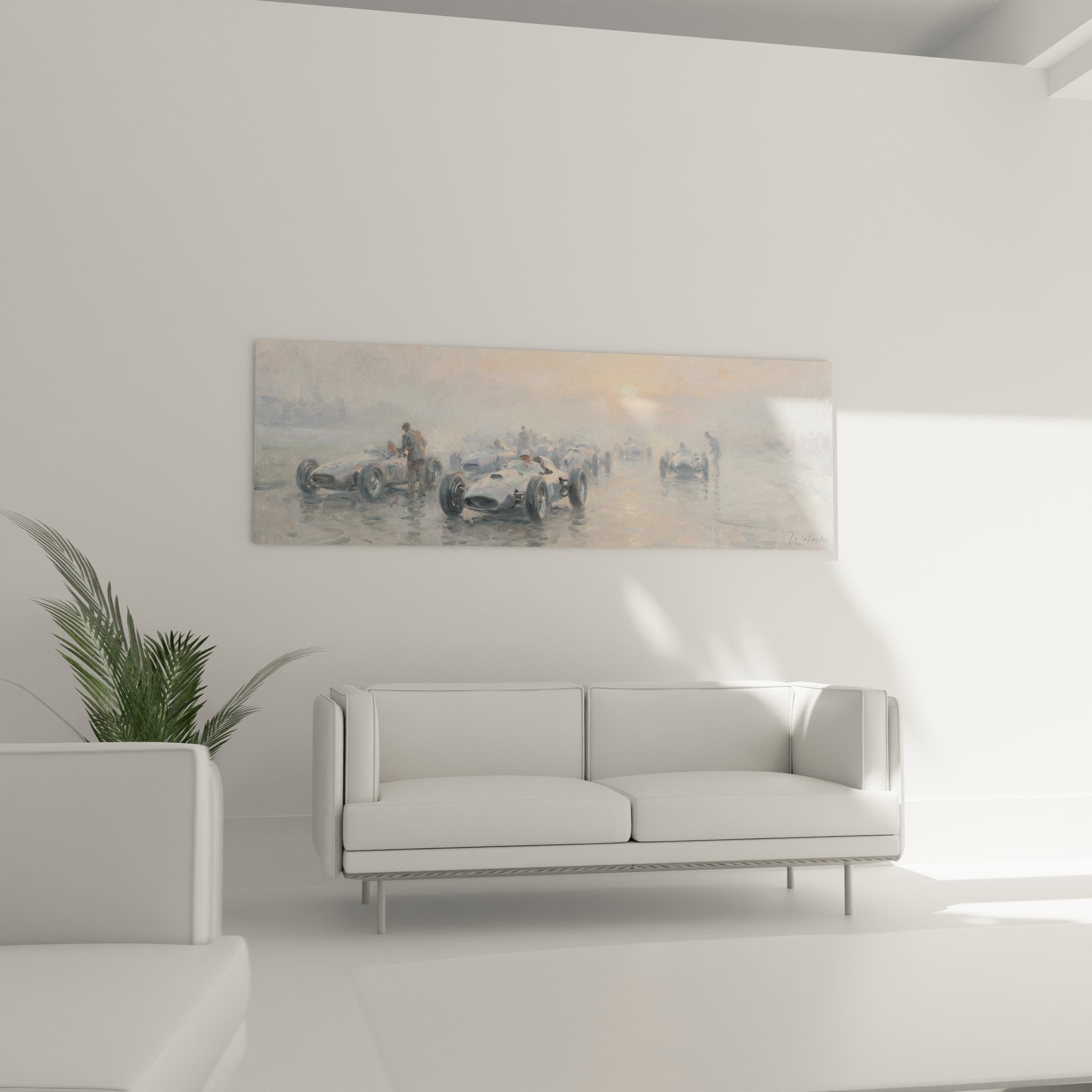 Detail rapproche du tableau F1 montrant monoplaces vintage argentees et pilotes sous lumiere atmospherique pluie