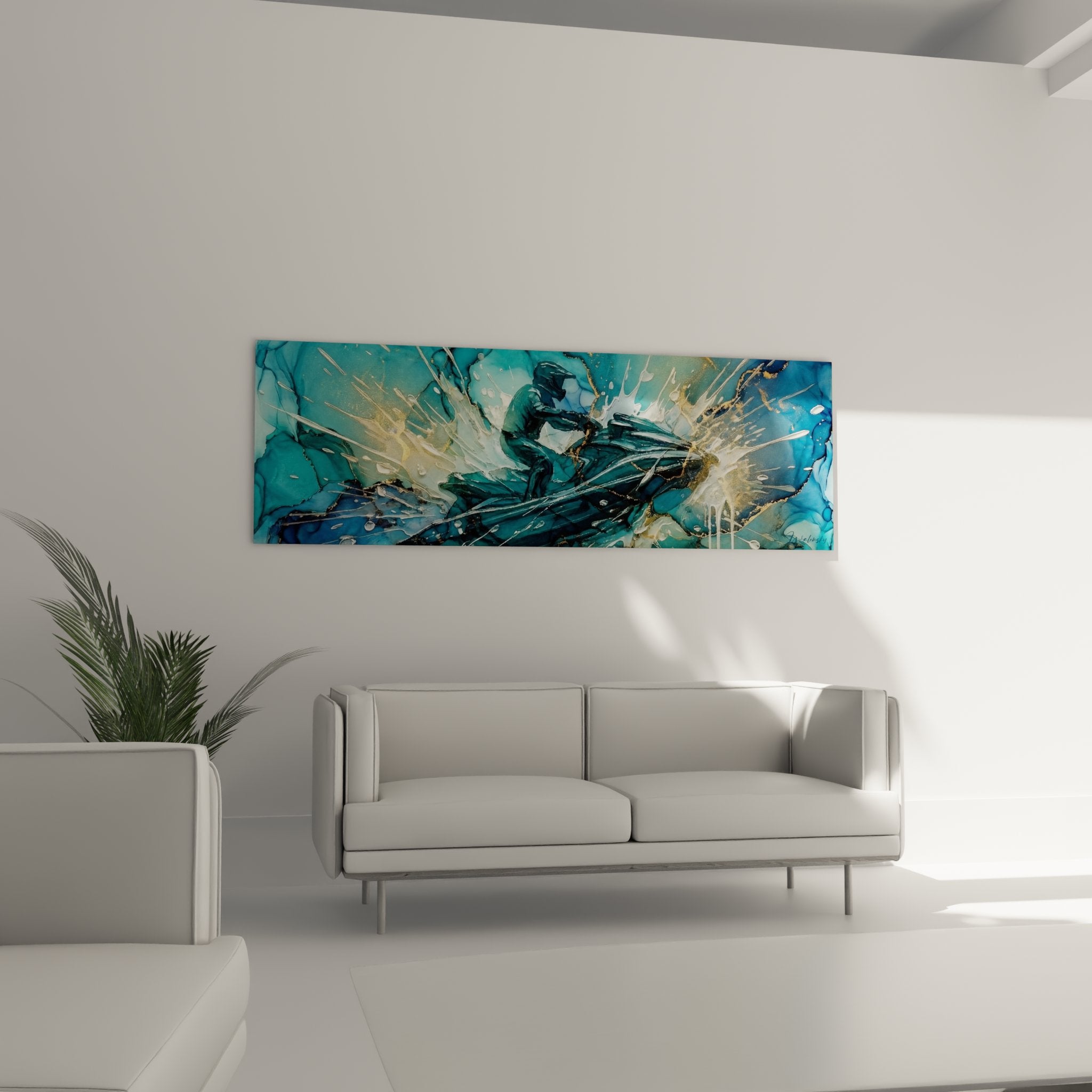 Détail tableau jetski, technique peinture fluide, couleurs turquoise et or, texture éclaboussures