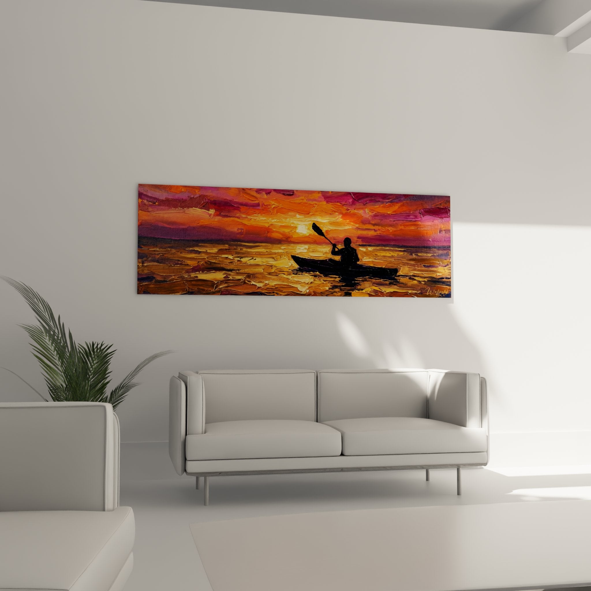 Thick paint texture detail kayak sunset, colorful impasto orange purple gold expressionist