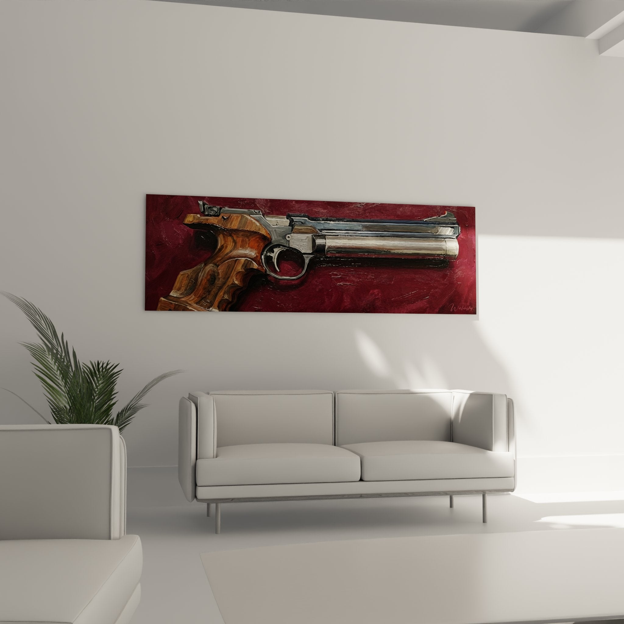 Revolver target chrome detail wooden sculpted stock - mechanical precision contemporary technical art