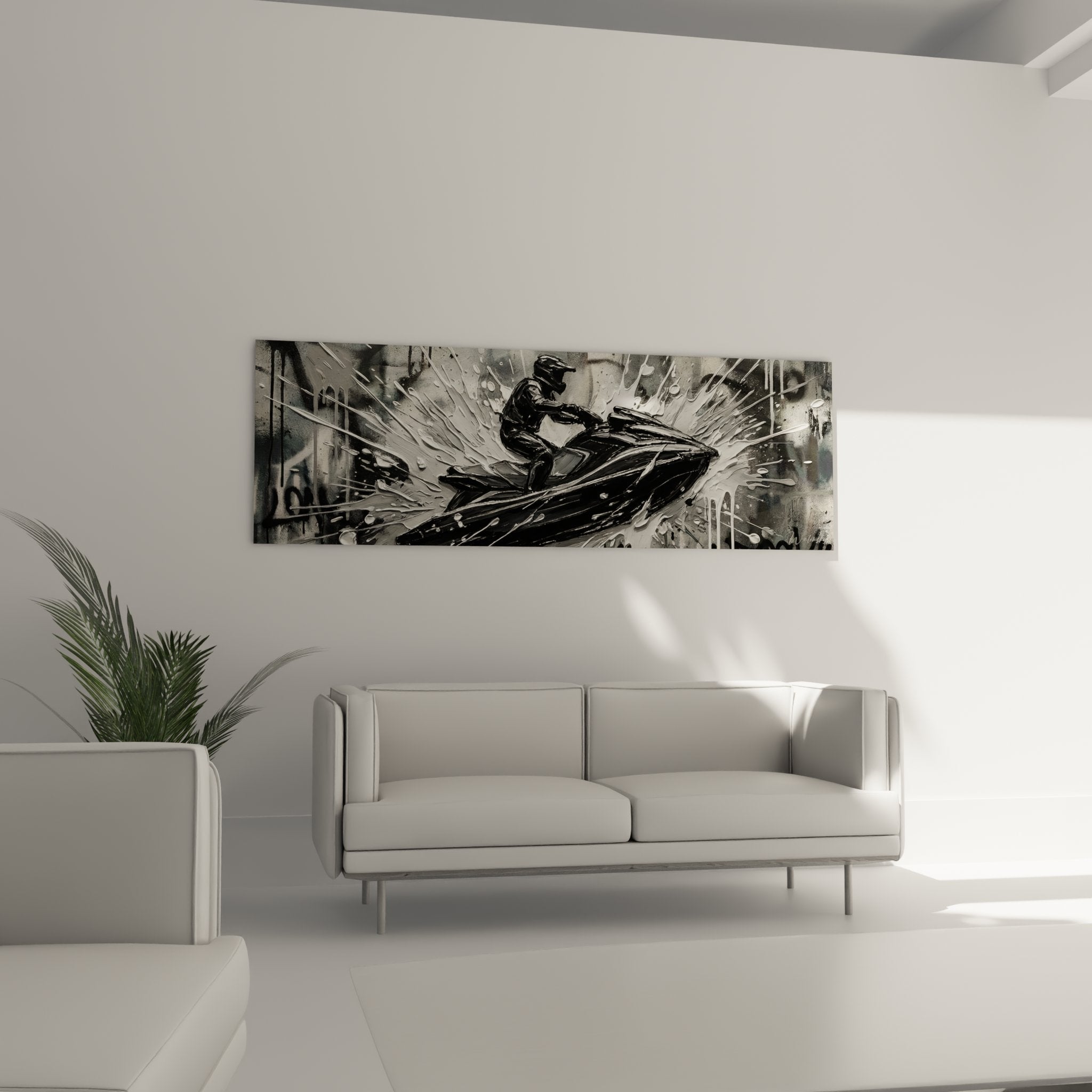 Détail rapproché tableau jet-ski montrant qualité impression et finition toile sport nautique urbain