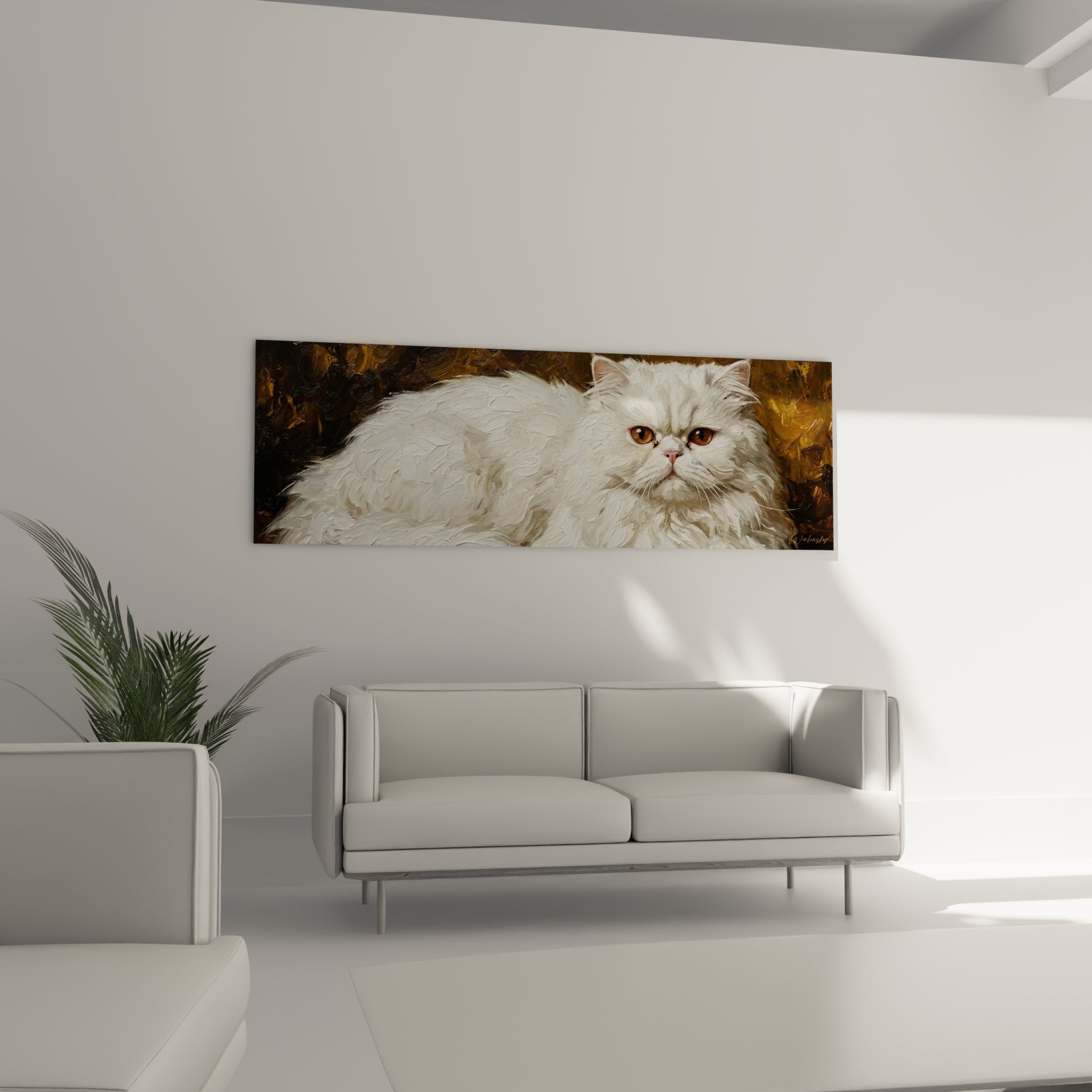 Détail gros plan peinture chat Persan blanc, yeux dorés expressifs, fourrure soyeuse réaliste