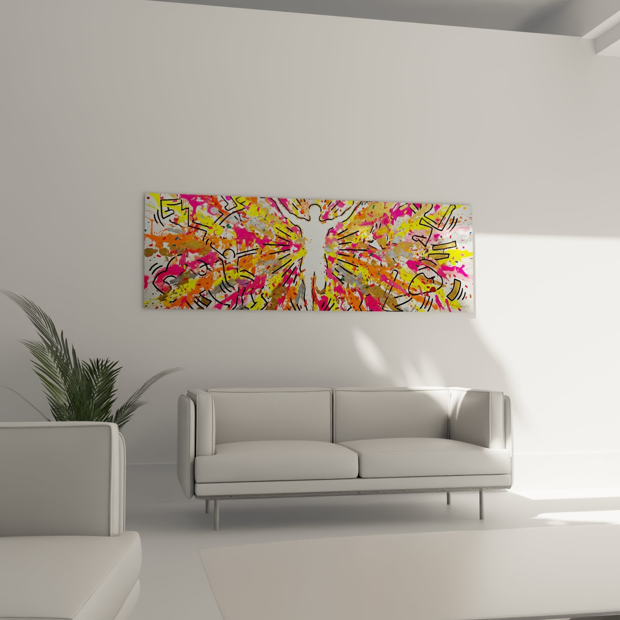 Close-up runner painting with colorful paint splatters projection technique street art