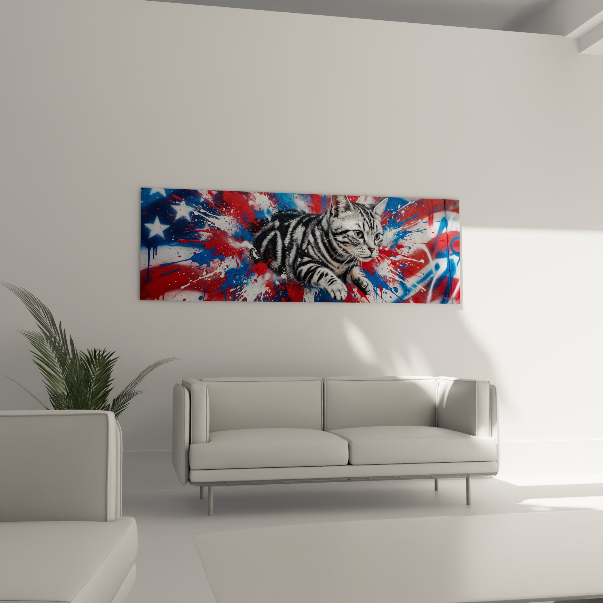 Gros plan tableau chat American Shorthair tigré regard intense sur fond graffiti patriotique étoiles américaines