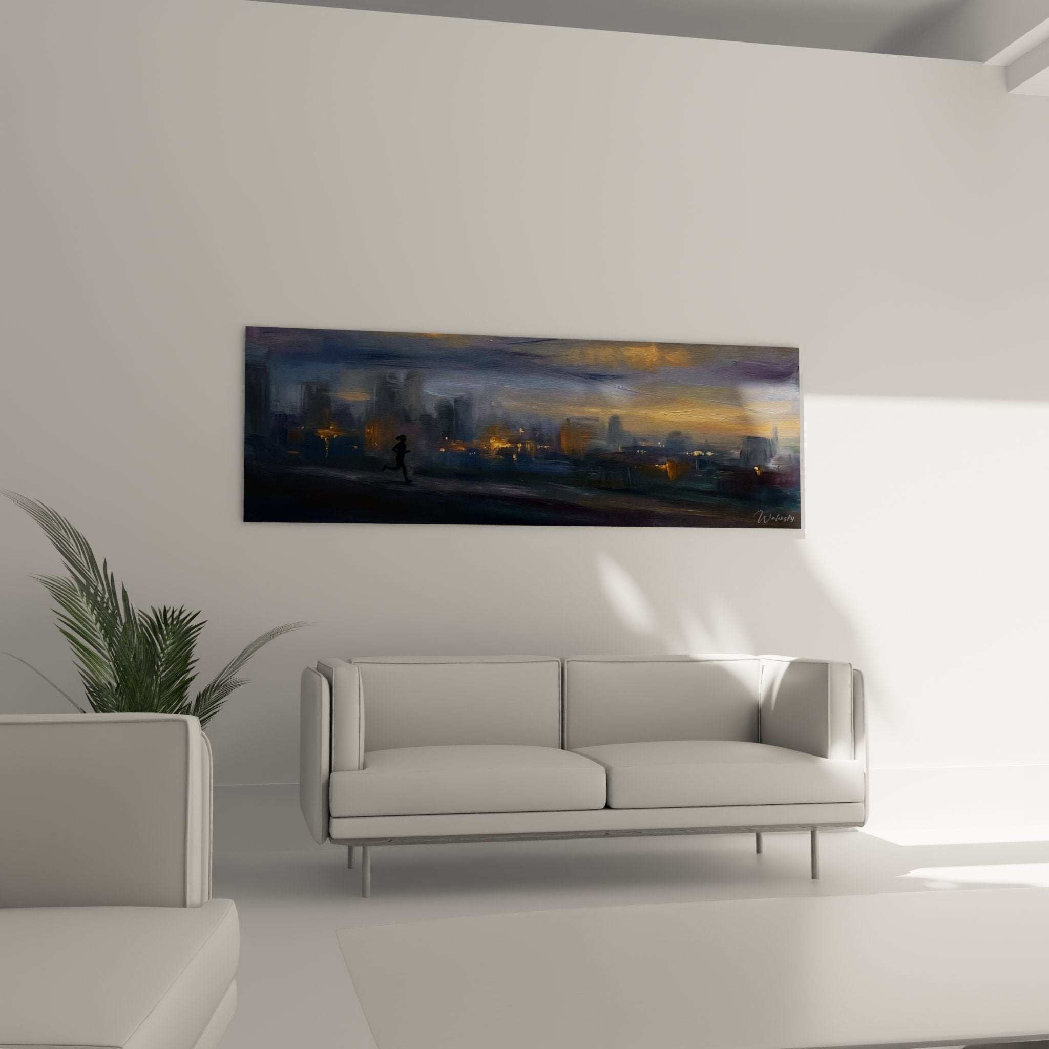 Urban runner painting detail showcasing impressionist technique and golden light play