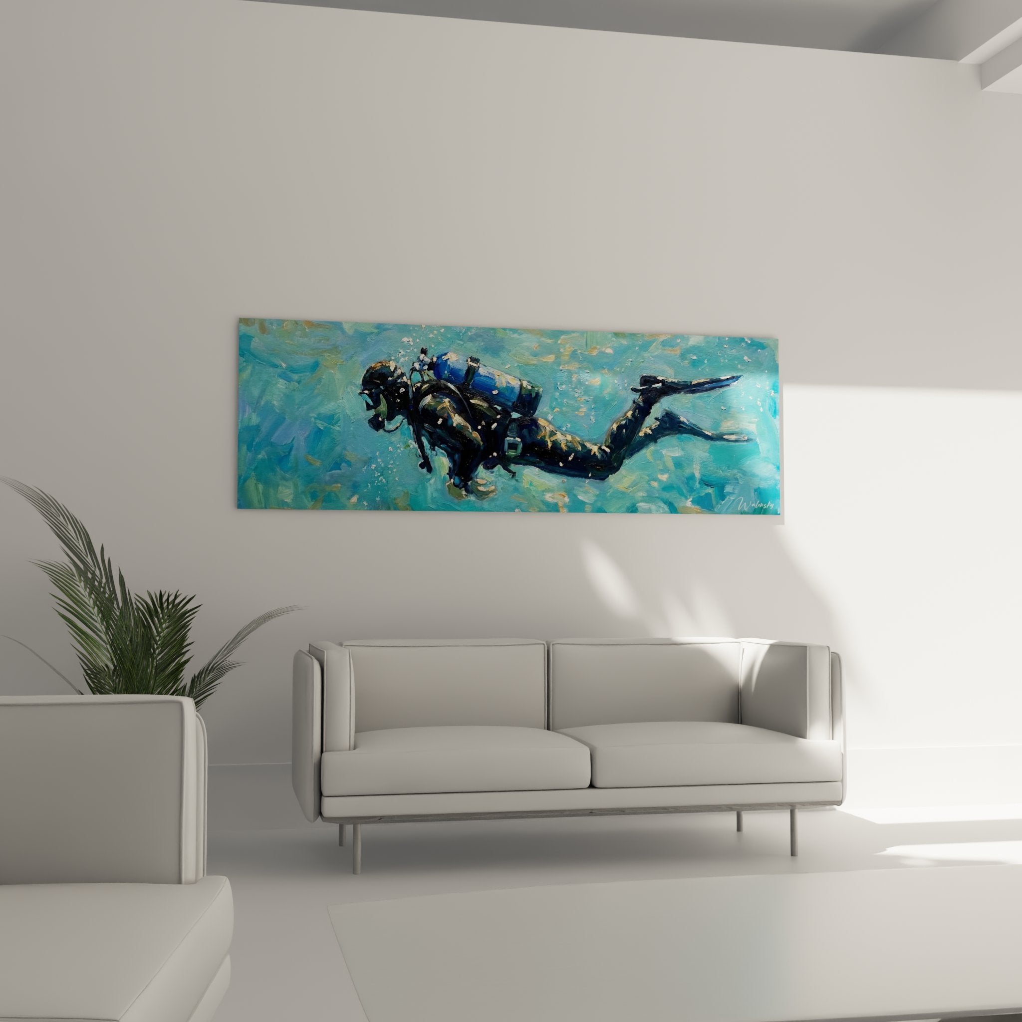 Detail of the underwater diver artwork showing blue nuances and diving equipment