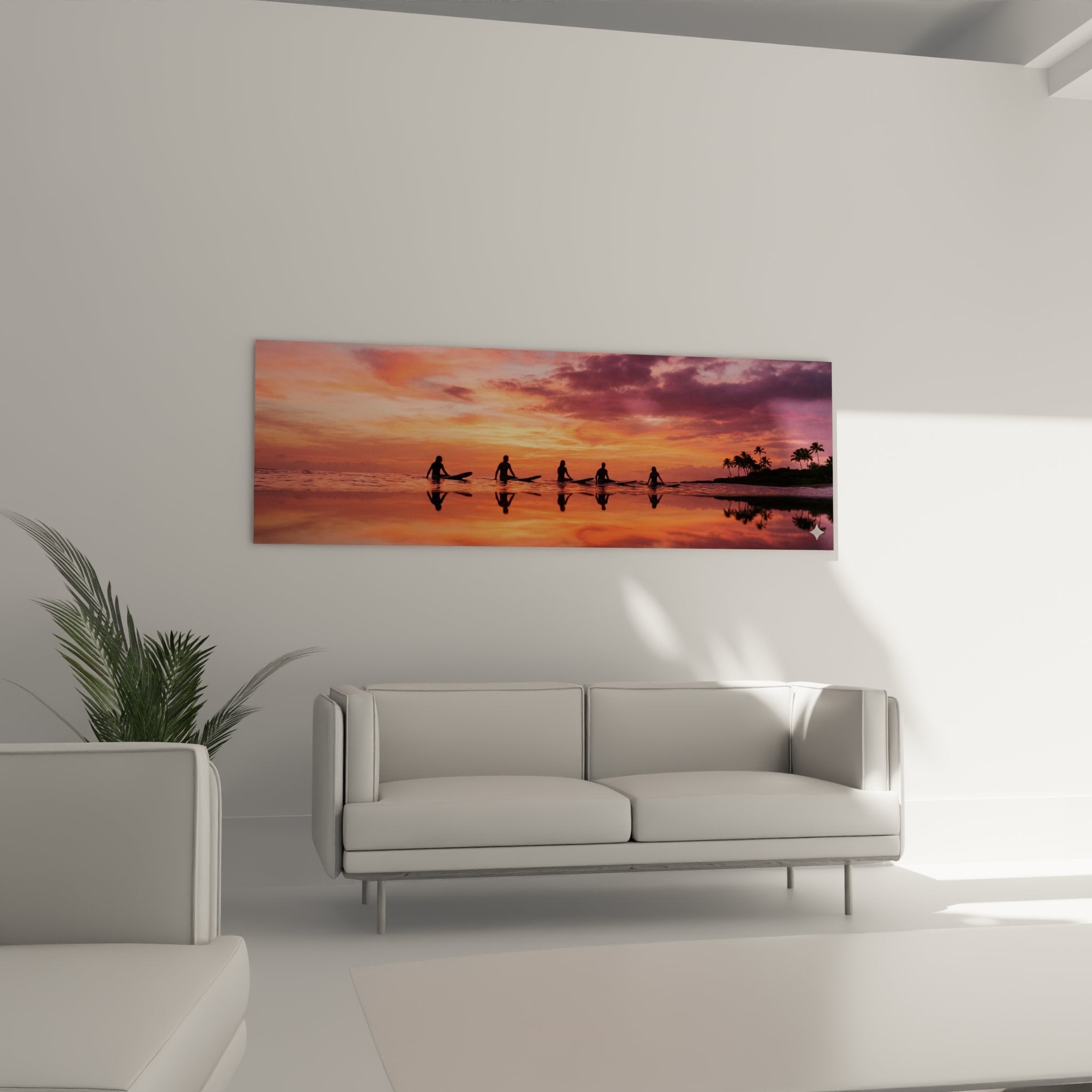 Detailansicht des Surf-Gemäldes mit Sonnenuntergang, das Surfer-Silhouetten und goldene Reflexionen auf ruhigem tropischem Ozean zeigt