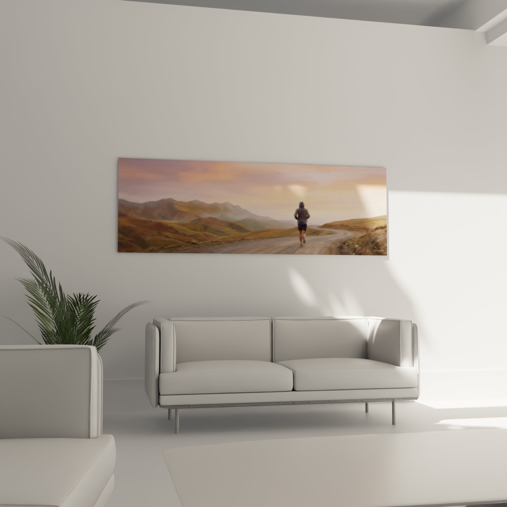 Dettaglio quadro arte running montagna con corridore silhouetta e paesaggio collinare pastello