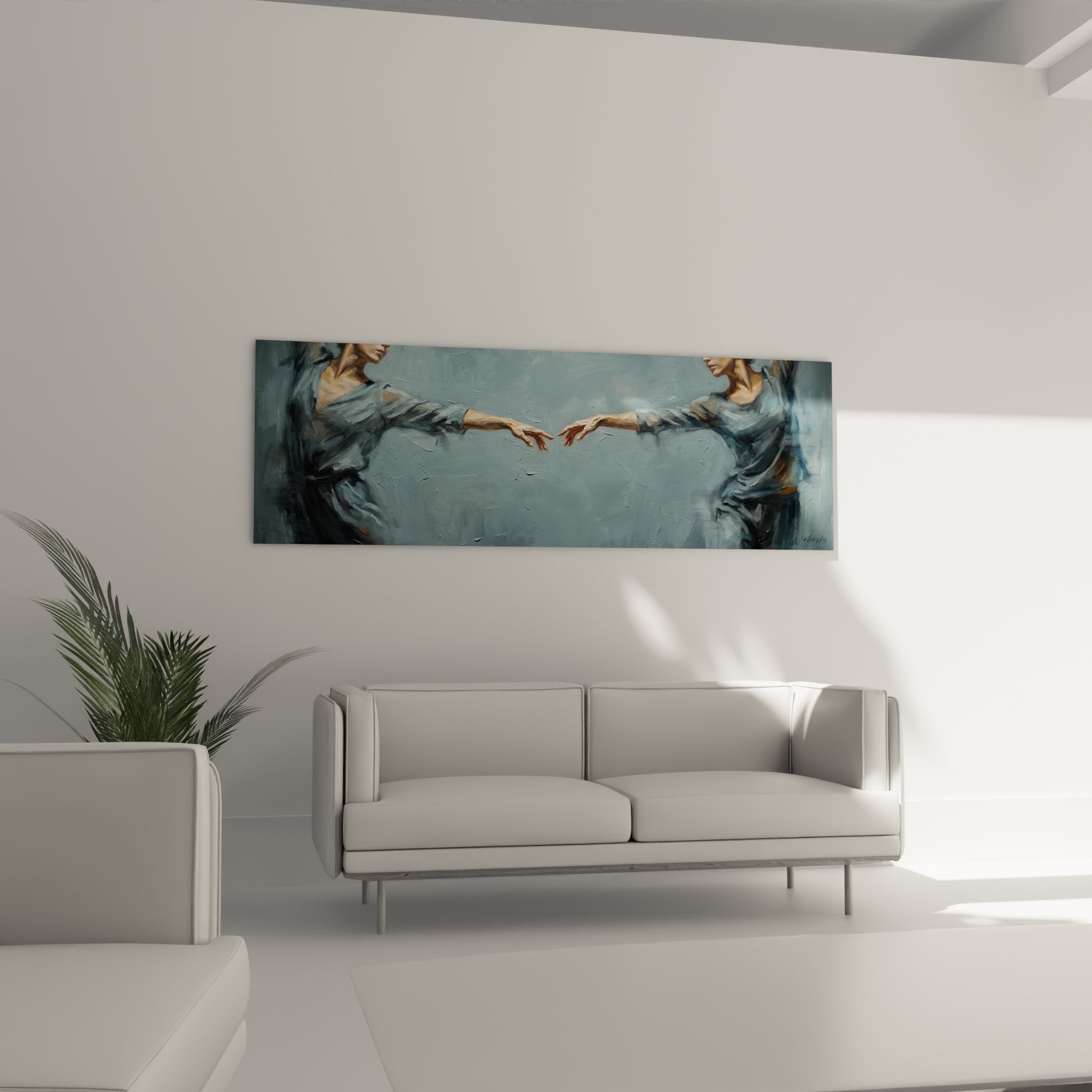 Dettaglio quadro ballerini connessione, mani che si toccano, pittura moderna arte danza gestuale espressiva