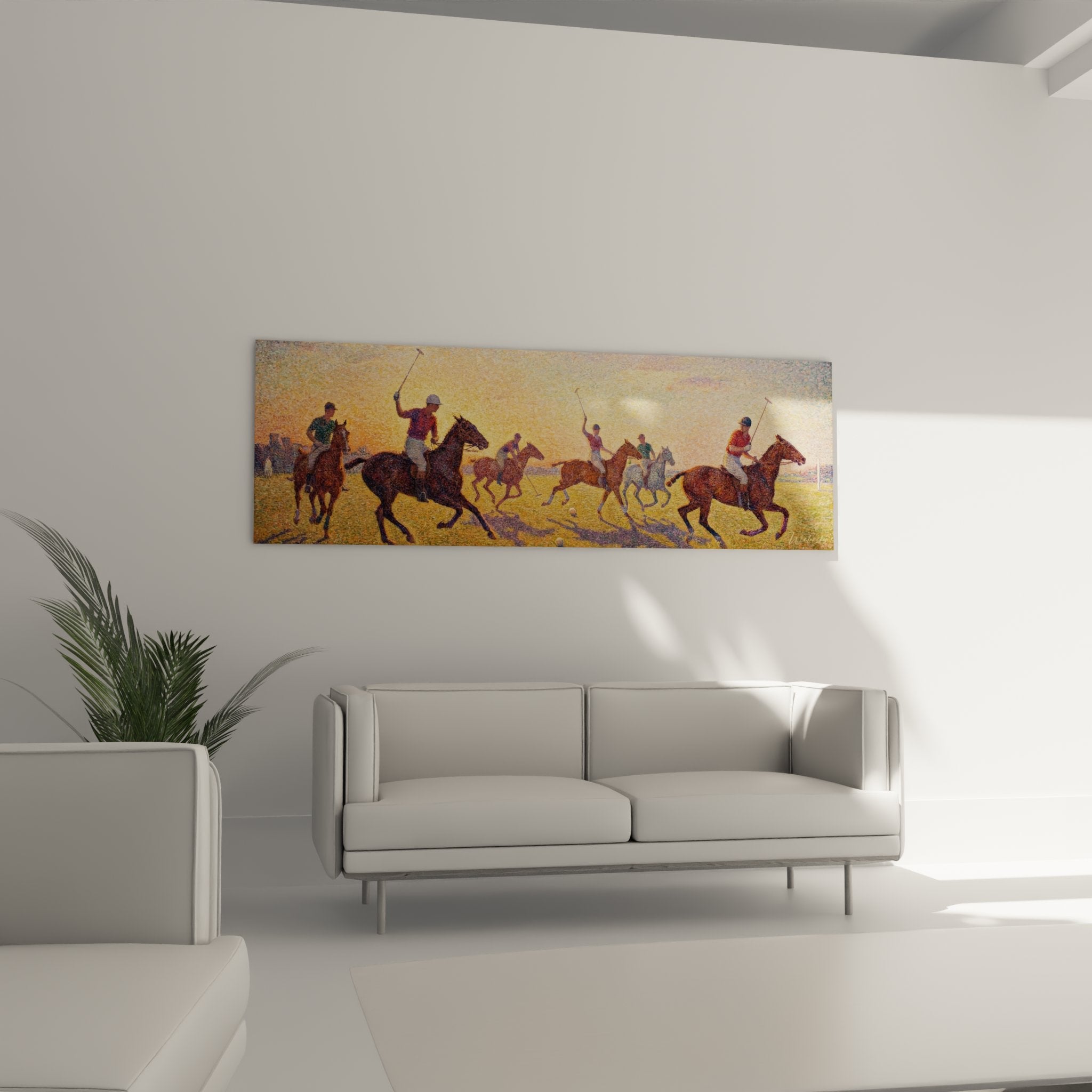 Pointillist polo painting detail, riders with raised mallets, warm orange tones painting technique