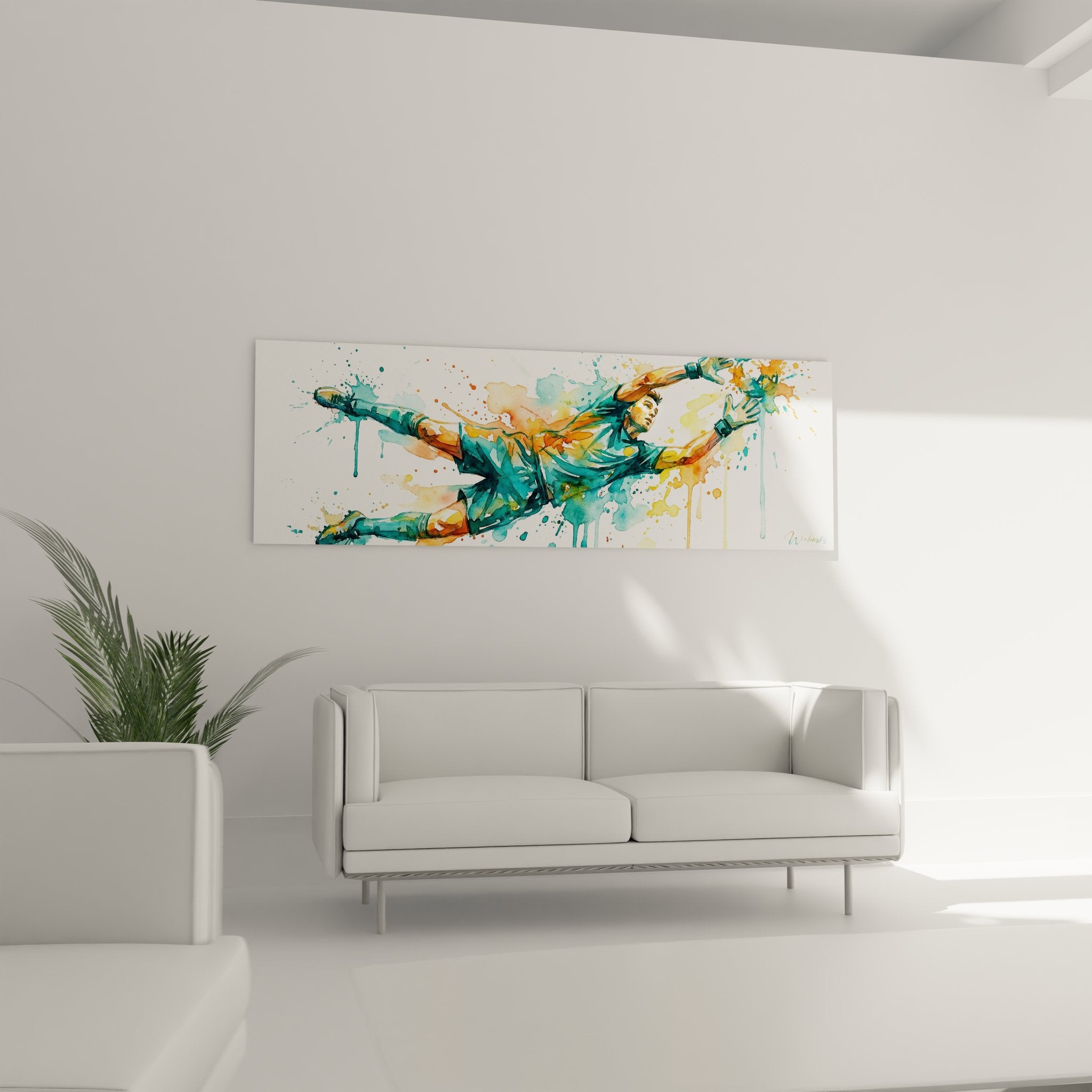 Détail peinture aquarelle footballeur tacle éclaboussures colorées orange turquoise