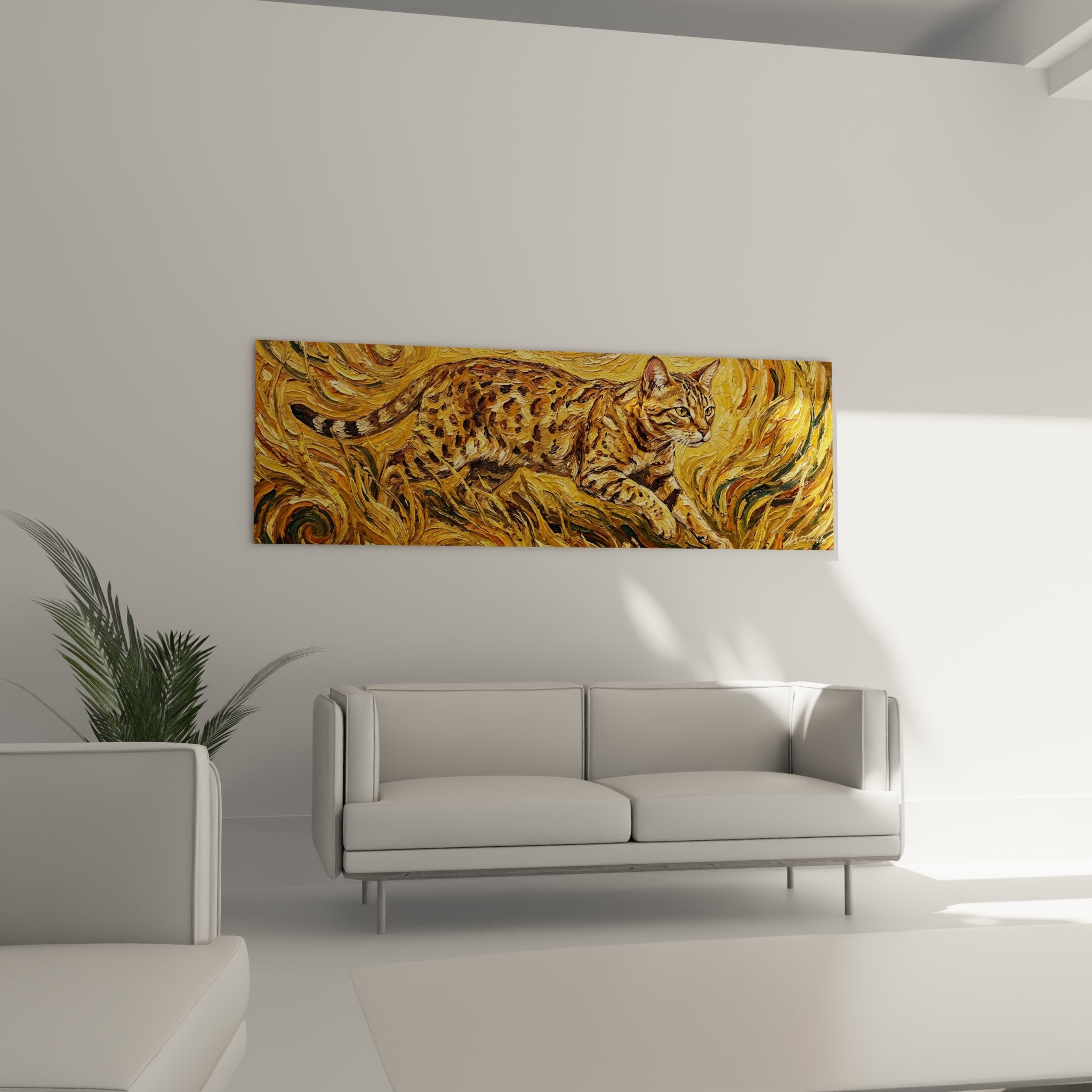 Détail rapproché tableau chat Ocicat montrant texture peinture et motifs tachetés dans style artistique