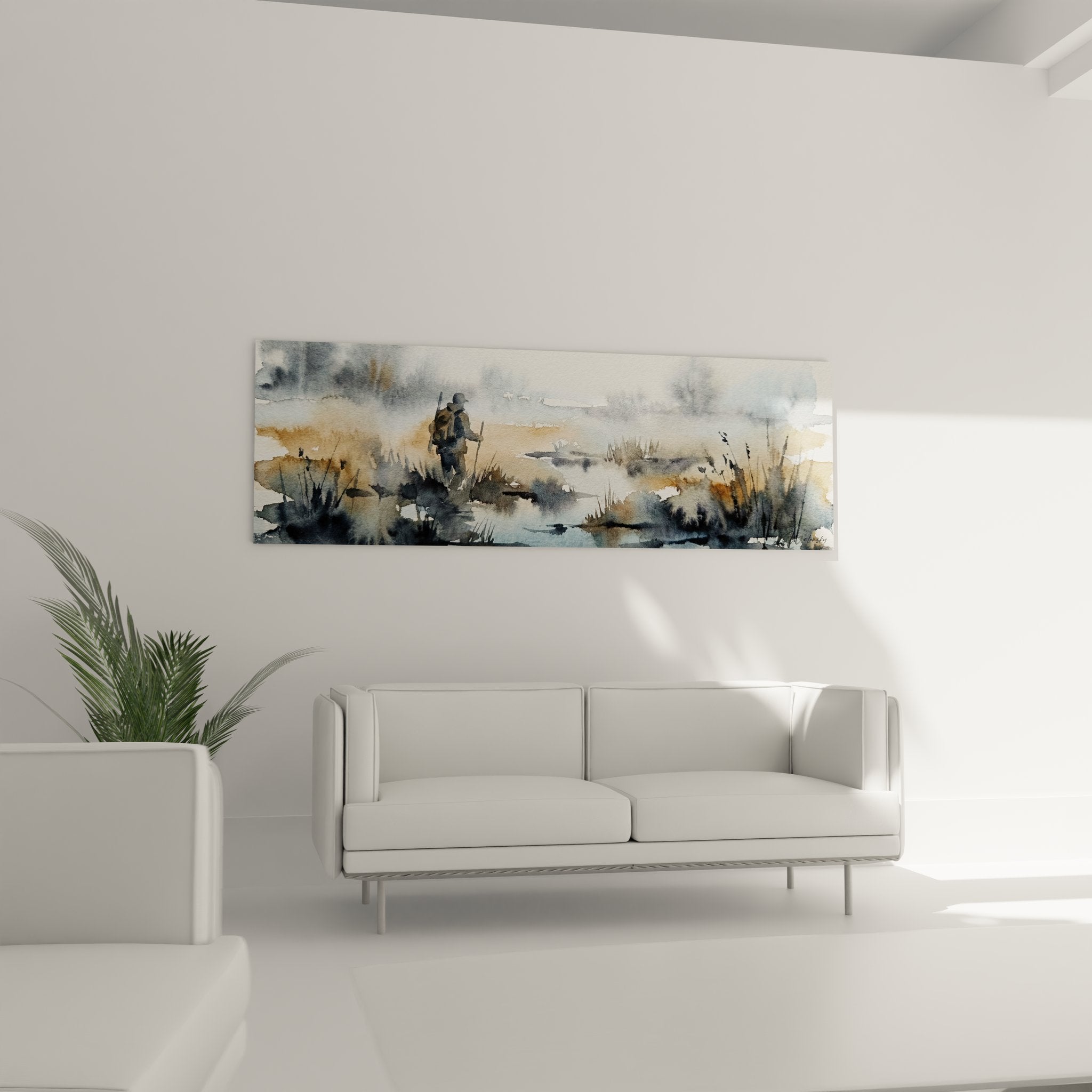 Detail aquarelle chasseur marais technique pinceau expressif vegetation roseaux tons naturels chasse