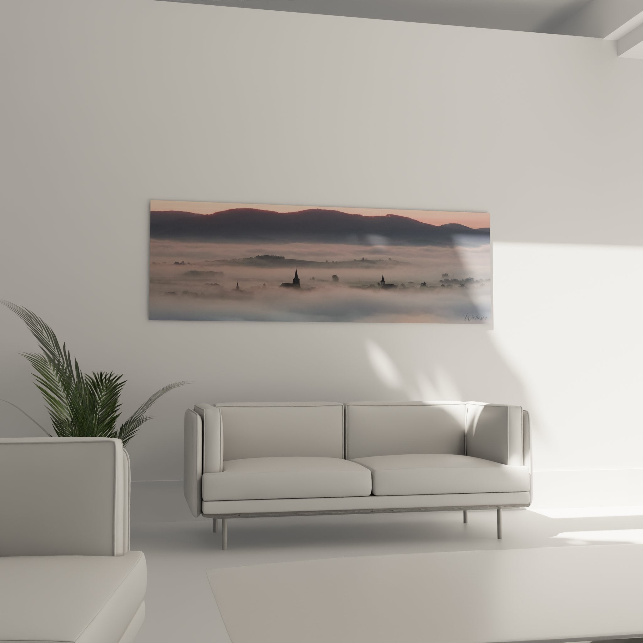 Detail du tableau paysage alsacien montrant les clochers d'eglise emergent de la brume matinale rosee