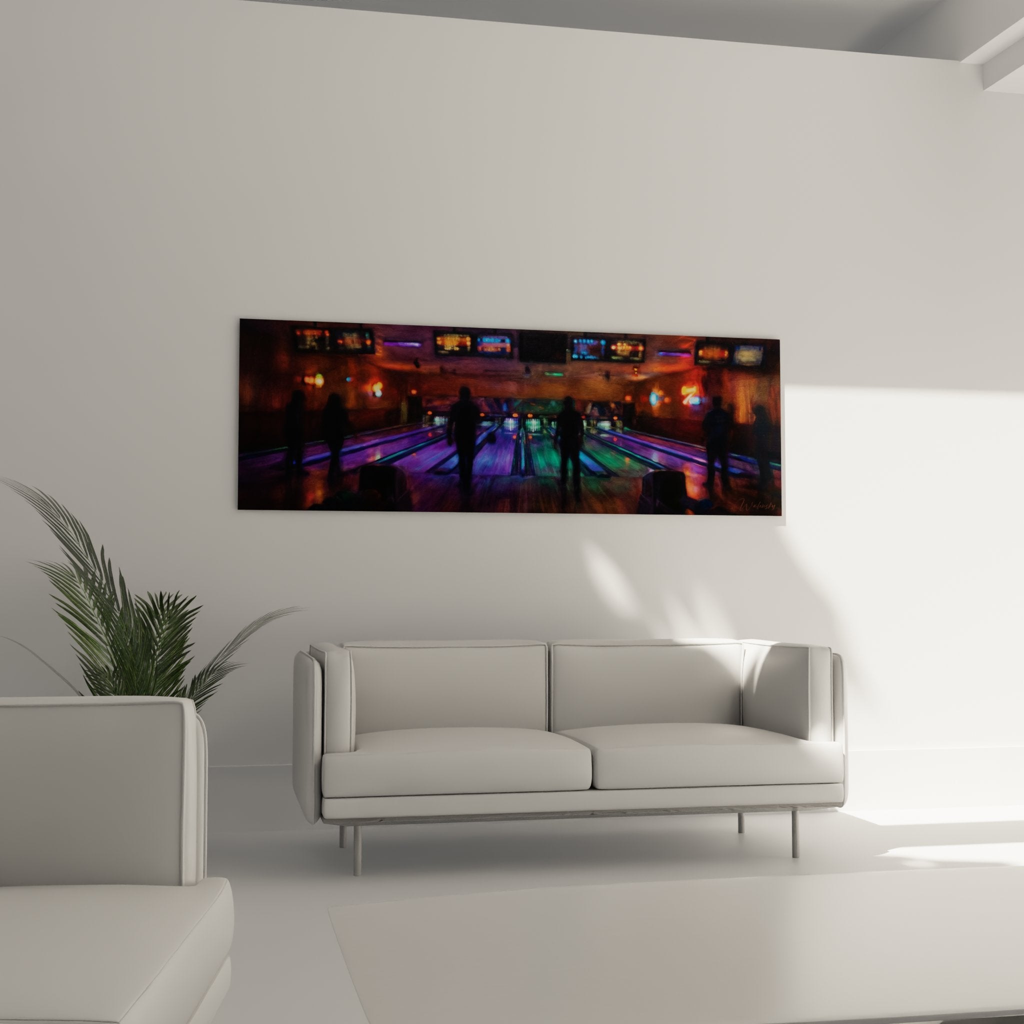 Detail of the bowling artwork showing colorful neon reflections on the lanes and paint textures