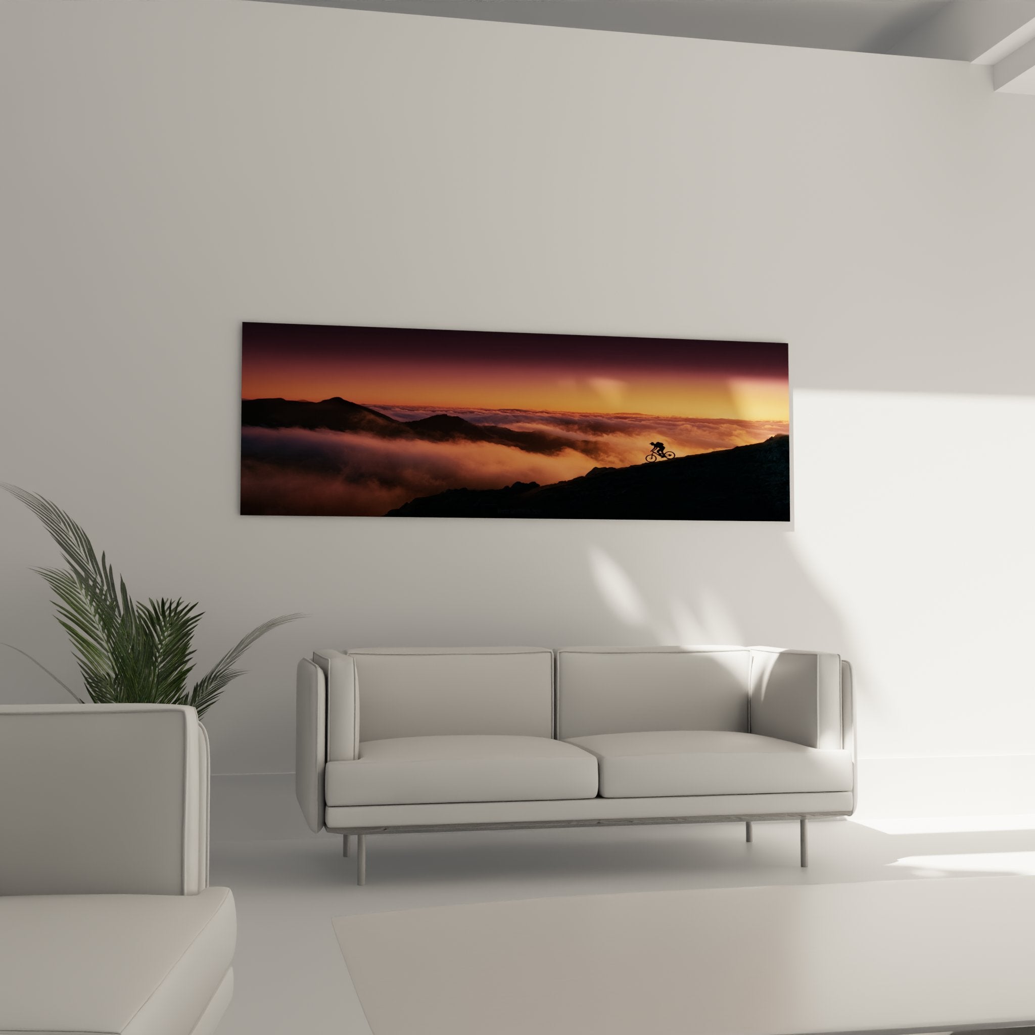 Détail tableau VTT montagne montrant texture et qualité impression coucher soleil