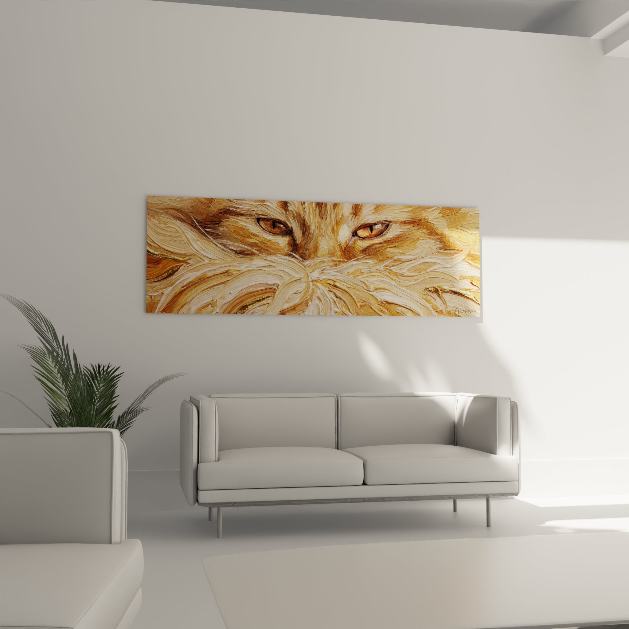 Close-up painting artwork golden cat eyes, artistic details textured fur wall art ragamuffin