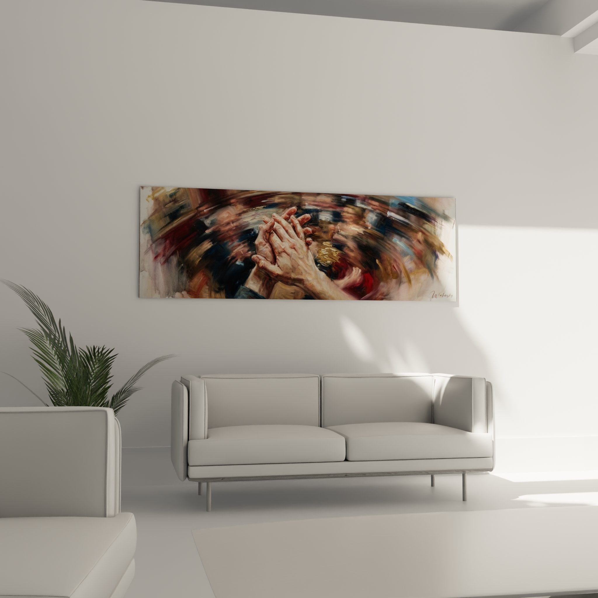 Dettaglio del quadro che mostra le mani realistiche dipinte con precisione in un movimento di danza fluido