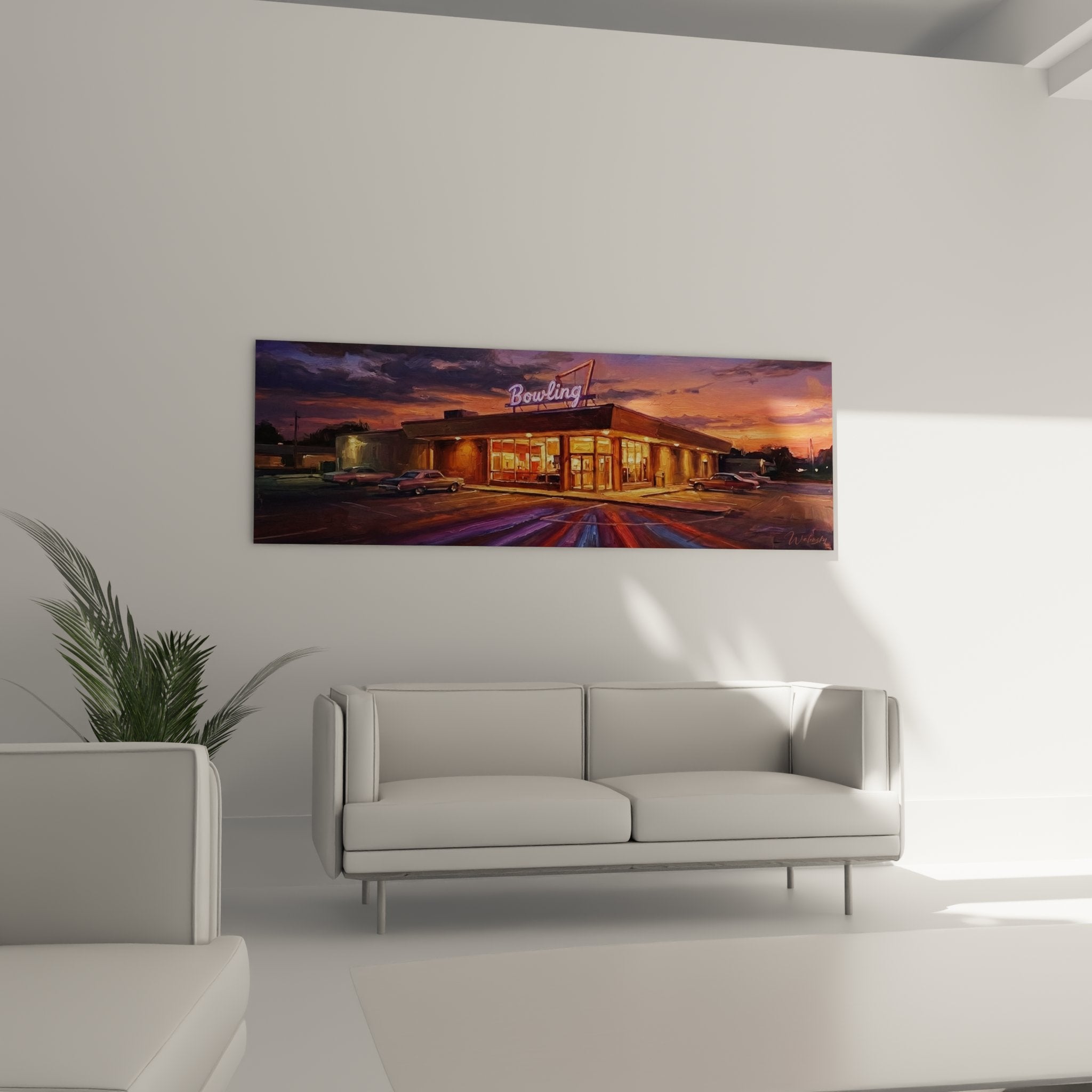 Détail tableau bowling - enseigne néon rose Bowling et facade vitrée illuminée style années 80 américain