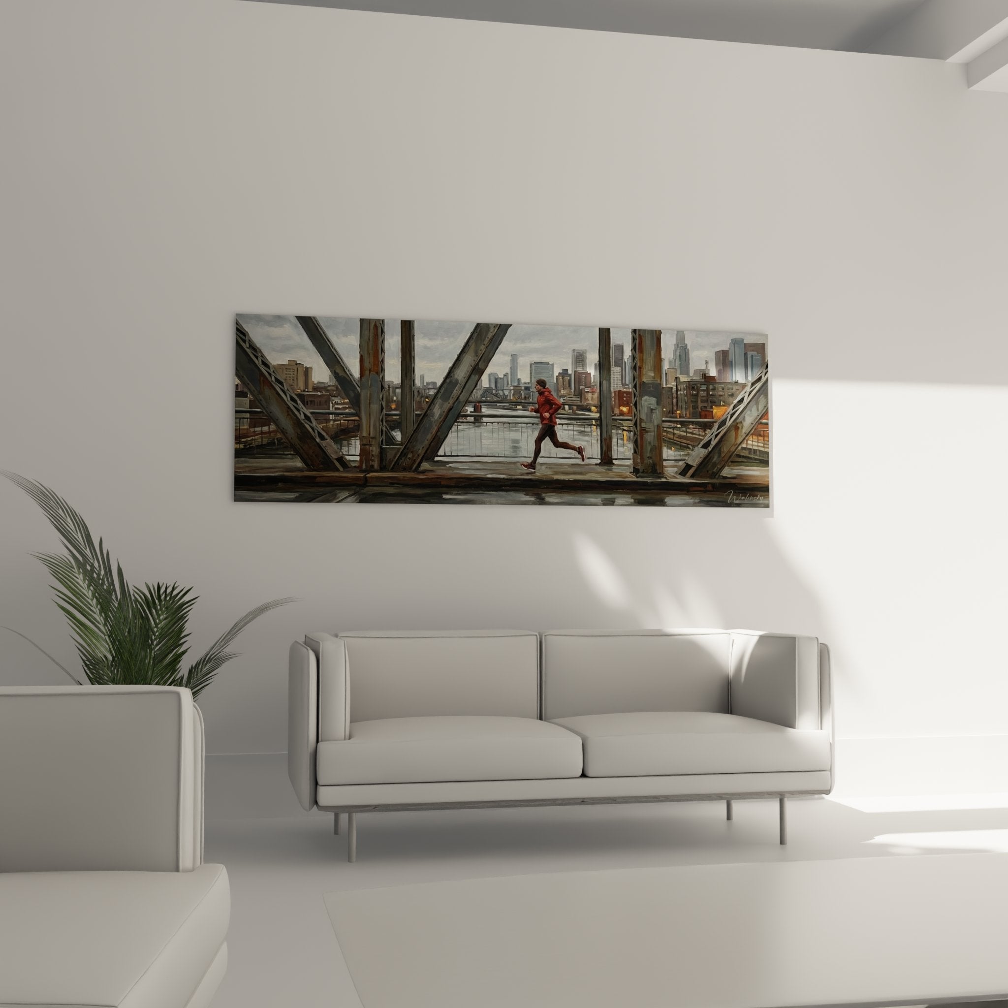 Detail of running race artwork showing red runner on industrial metal structure