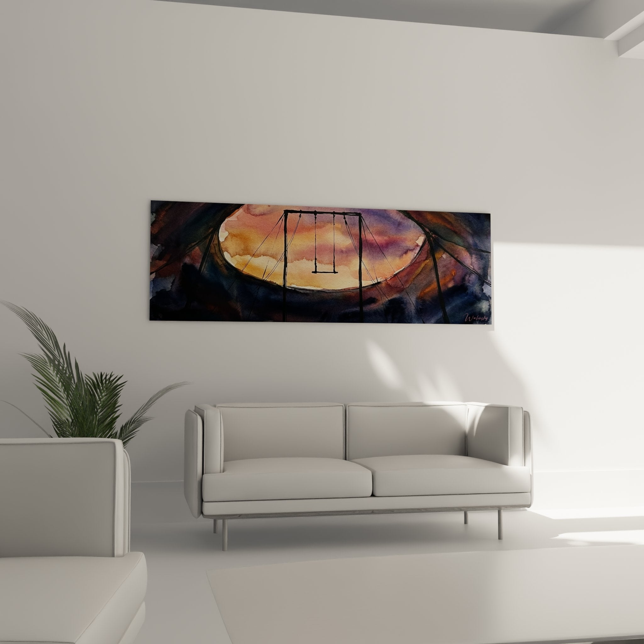 Détail peinture trapèze aérien, technique aquarelle nuances orangées violettes, art mural circus