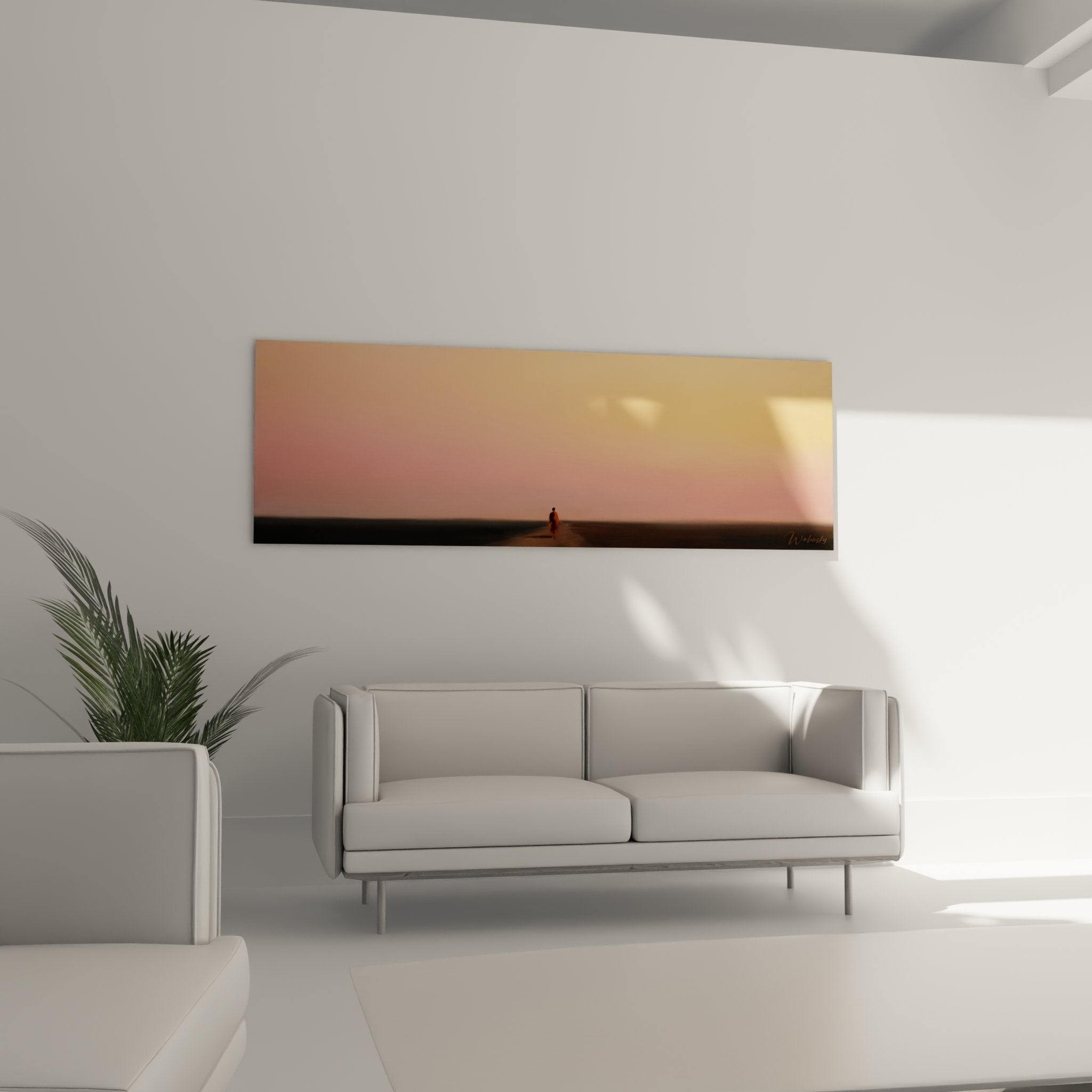 Détail tableau coureur silhouette horizon infini dégradé couleurs chaudes art mural sport