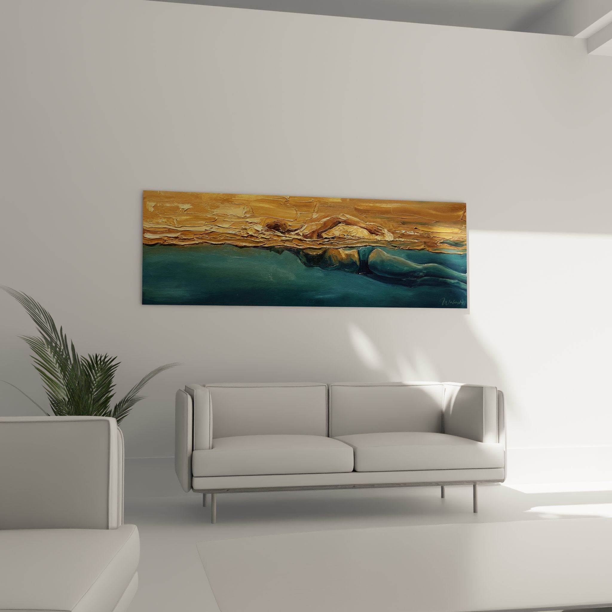 Detail texture empate surface doree tableau natation contraste avec profondeurs bleues aquatiques