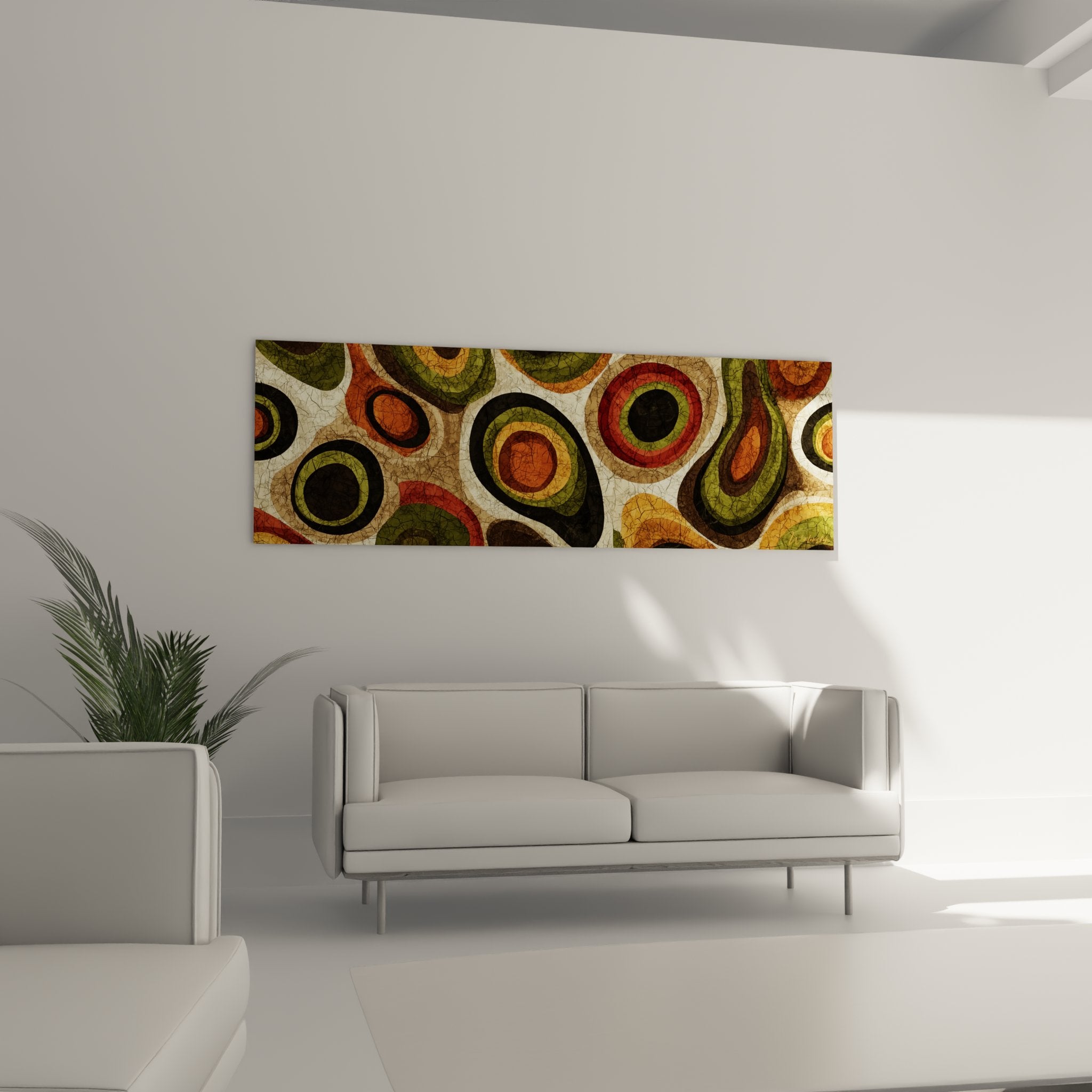 Detail of the artwork showing the cracked texture and colored circles in ochre and olive green tones