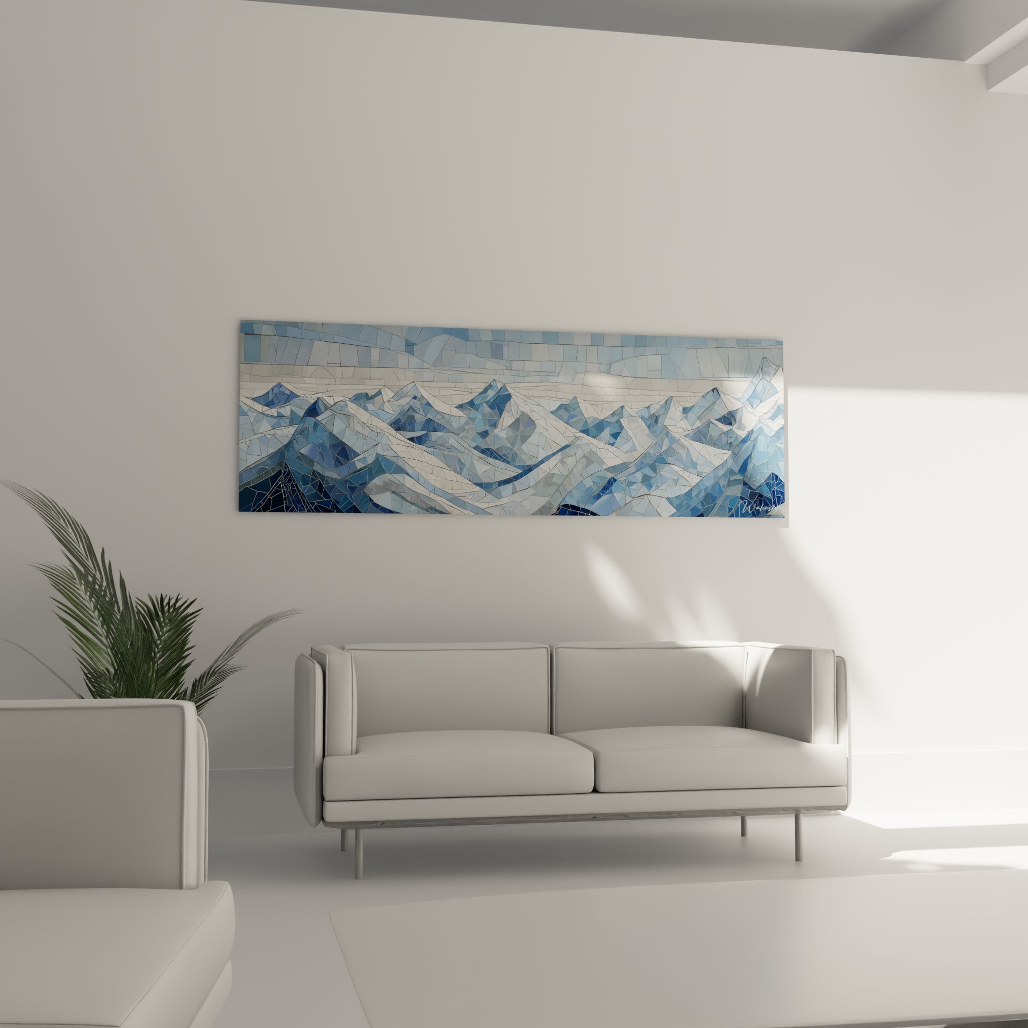 Detail of Alps mosaic artwork, blue and white fragments, modern stained glass technique, stylized peaks