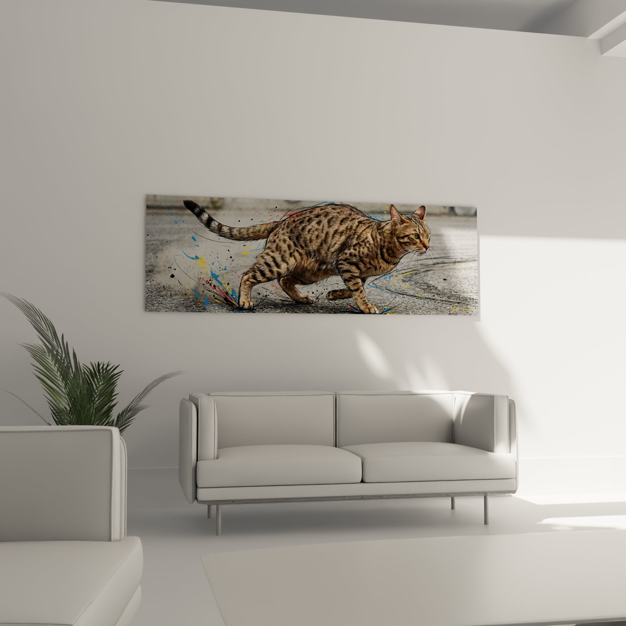 Primo piano quadro gatto Ocicat macchiato in corsa con effetti pittura blu e gialli artistici