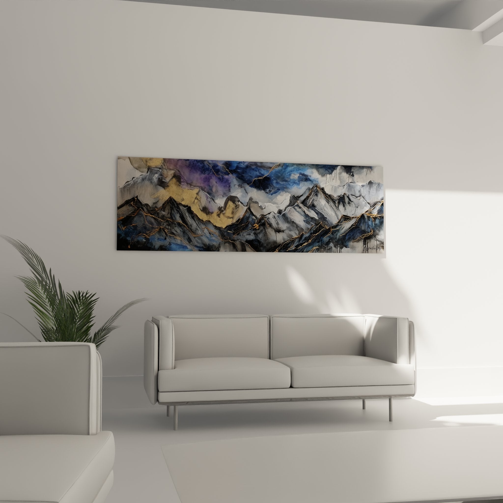 Detail of abstract mountain painting showing texture effects and gold accents on the peaks