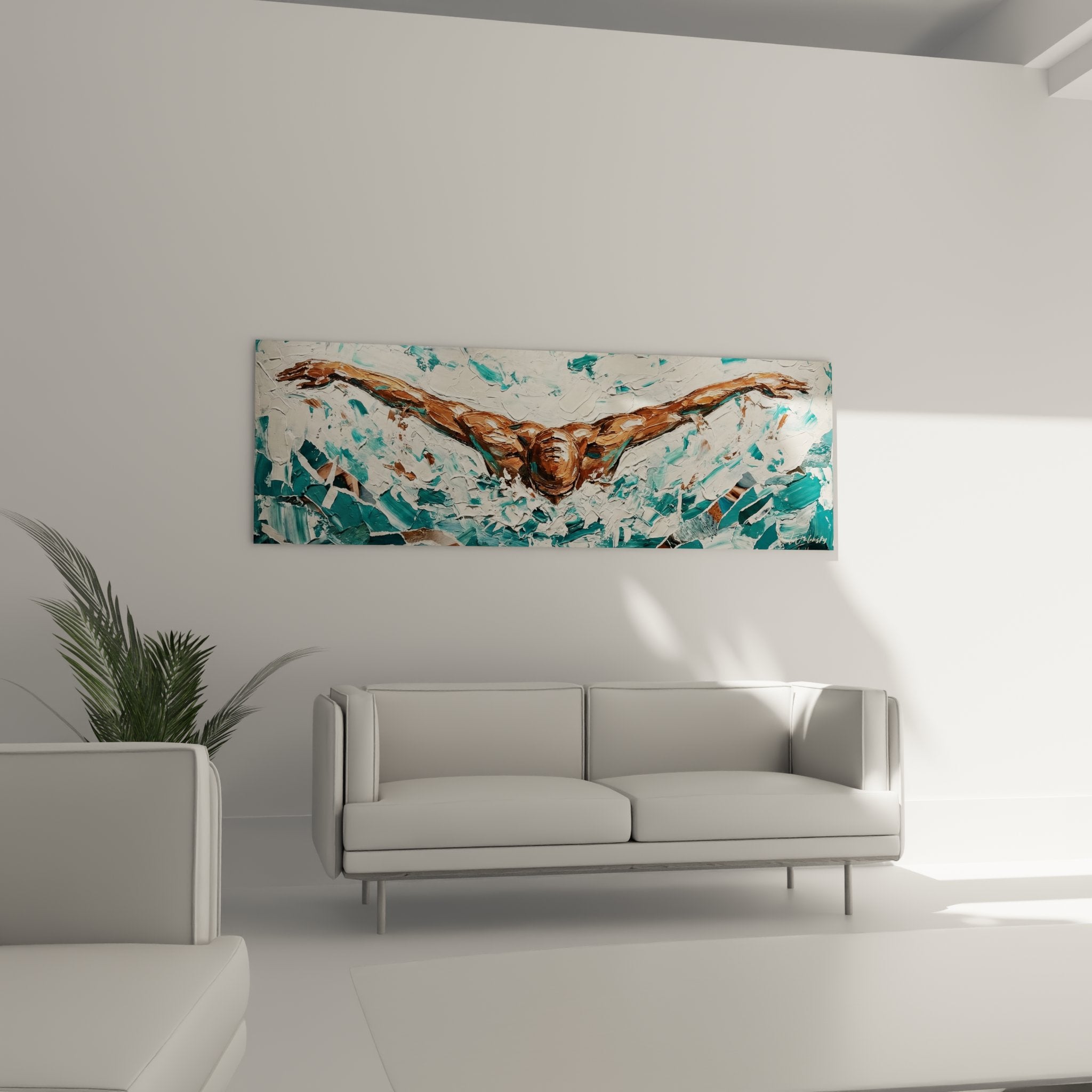 Detail peinture epaisse tableau nageur, texture au couteau tons turquoise et cuivre artistique