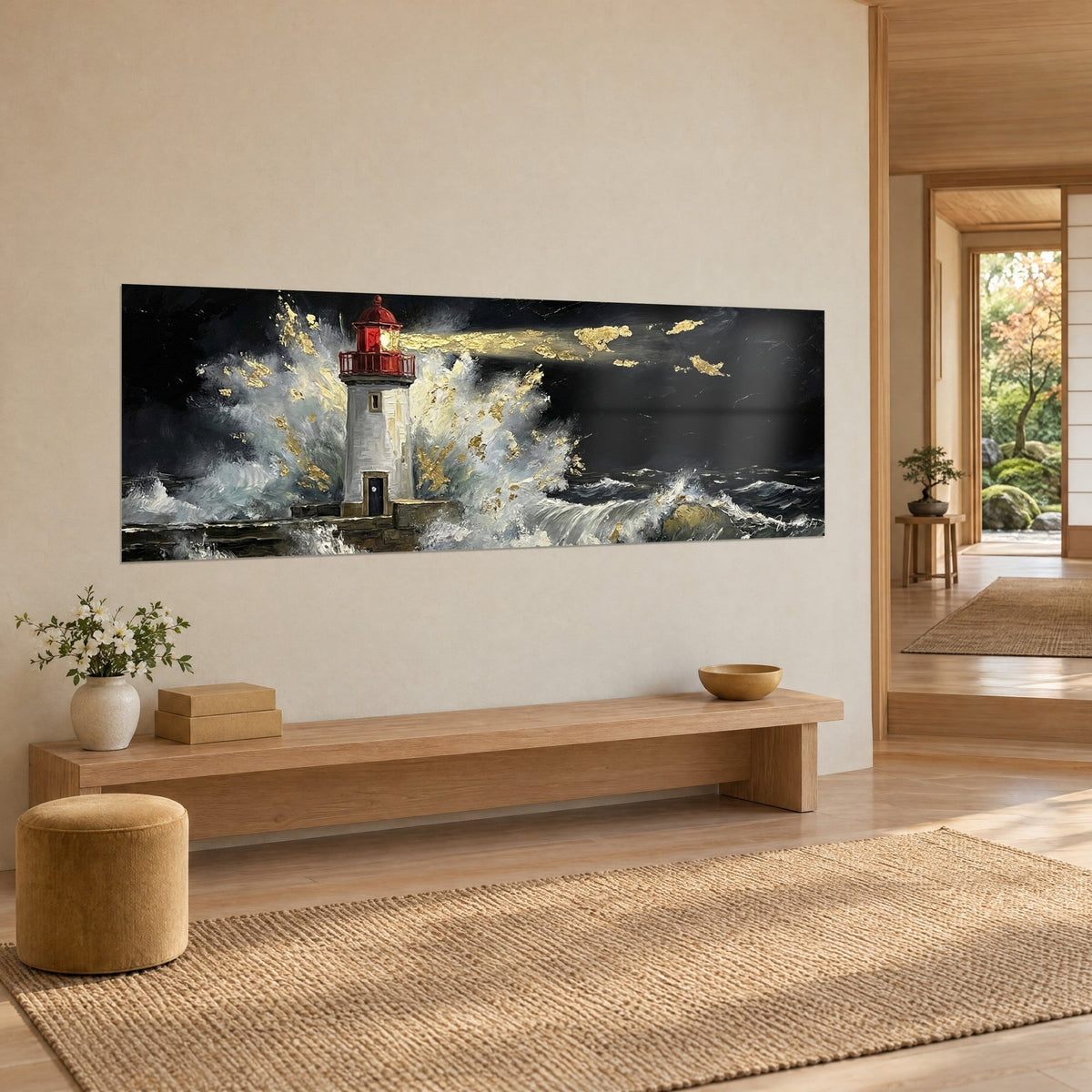 Quadro torre bianca nella tempesta, fascio dorato che attraversa un cielo d'inchiostro, onde grigio perla, appeso in una stanza japandi chiara