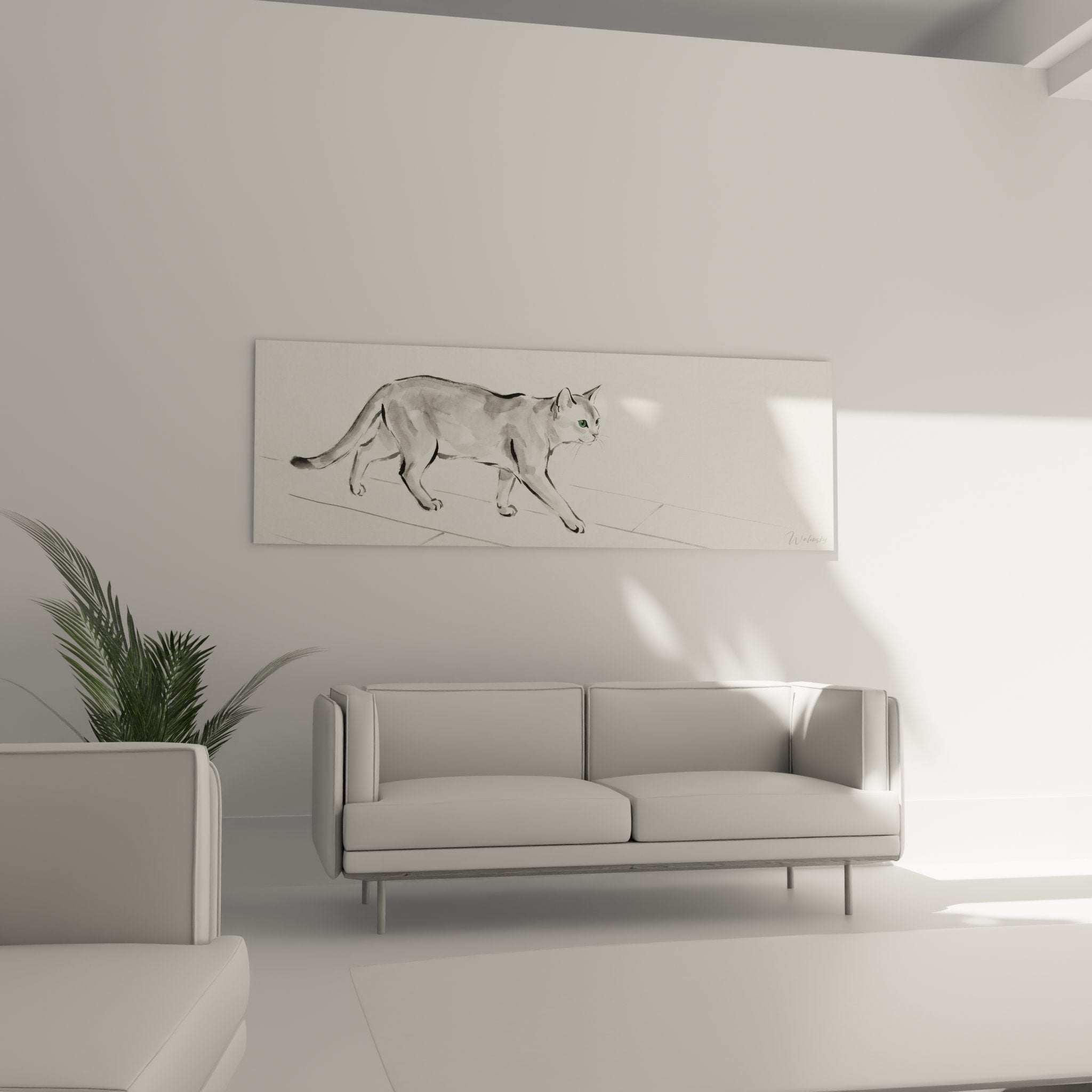 Détail du tableau montrant la technique picturale délicate et les nuances de gris du pelage félin