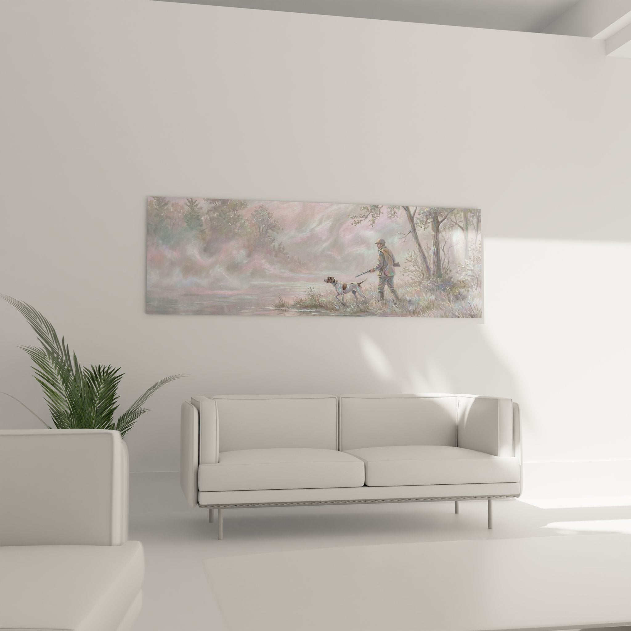 Detail tableau chasse chasseur habit traditionnel chien arret gibier eau peinture tons nacres roses