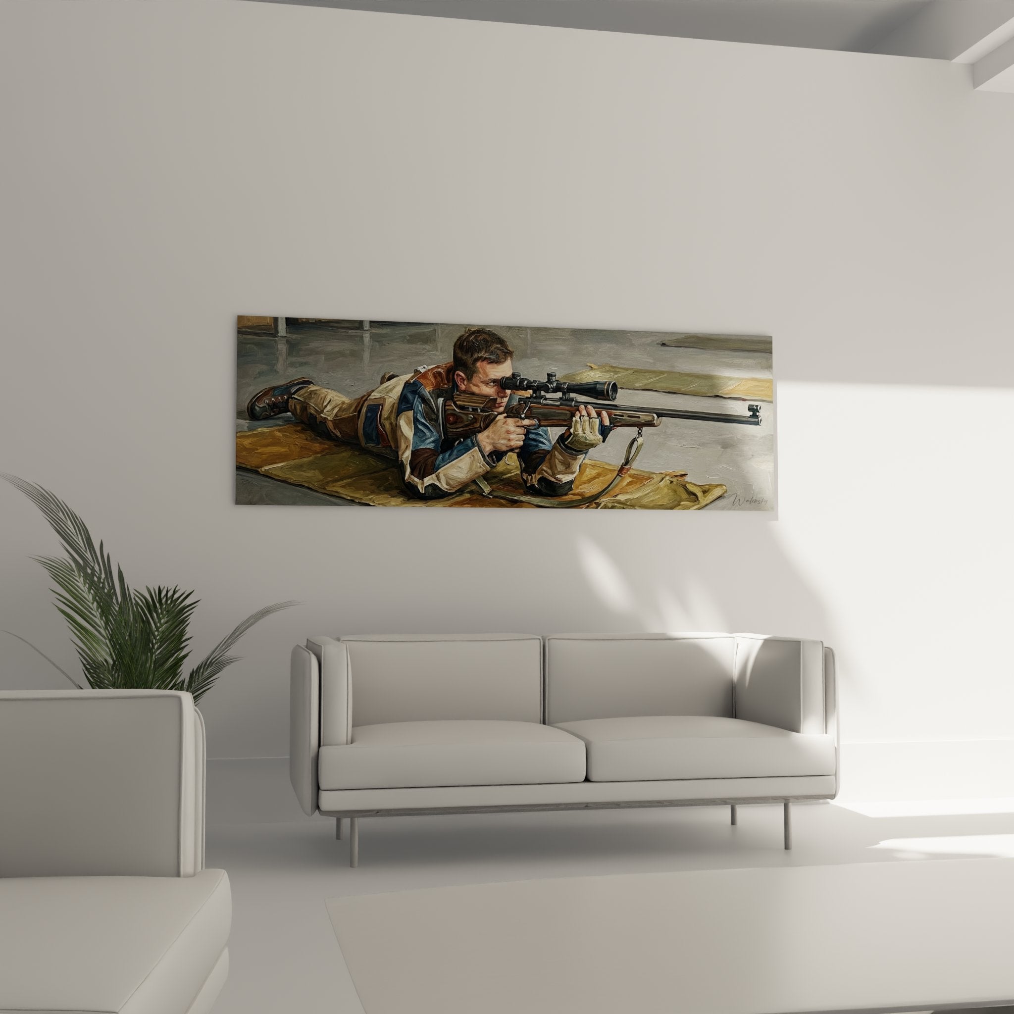 Dettaglio ravvicinato quadro tiratore scelto, qualità artistica e realismo della scena di tiro