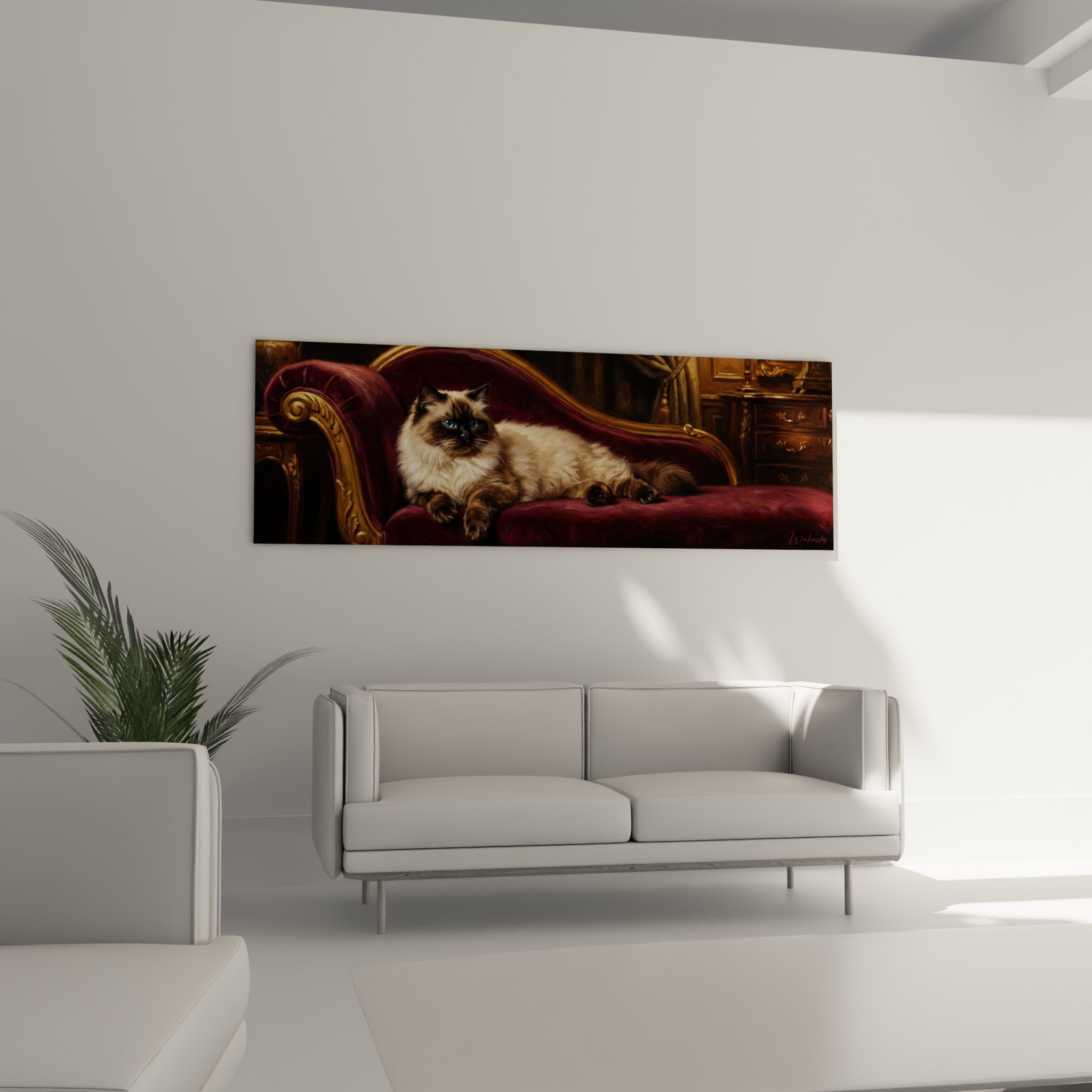 Dettaglio quadro gatto Himalayano con mantello crema e punti colorati su velluto bordeaux, pittura realistica alta qualità