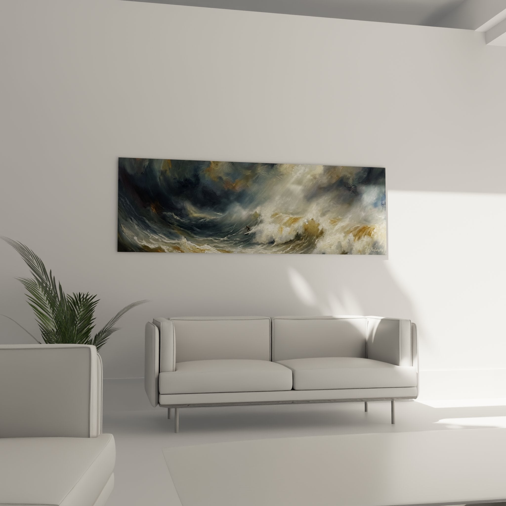 Detail of marine storm painting showing textured foamy waves and dramatic stormy clouds