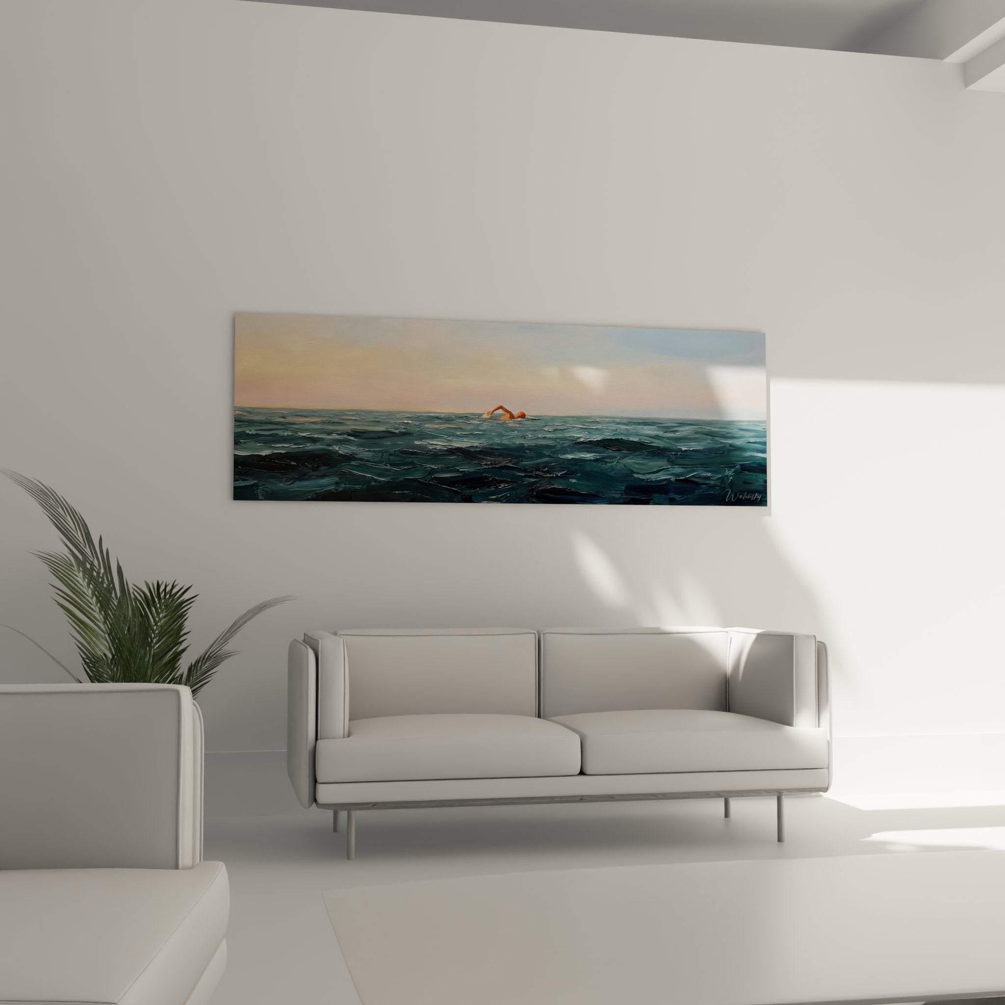 Détail peinture nageur en mer montrant technique picturale des vagues et reflets aquatiques réalistes