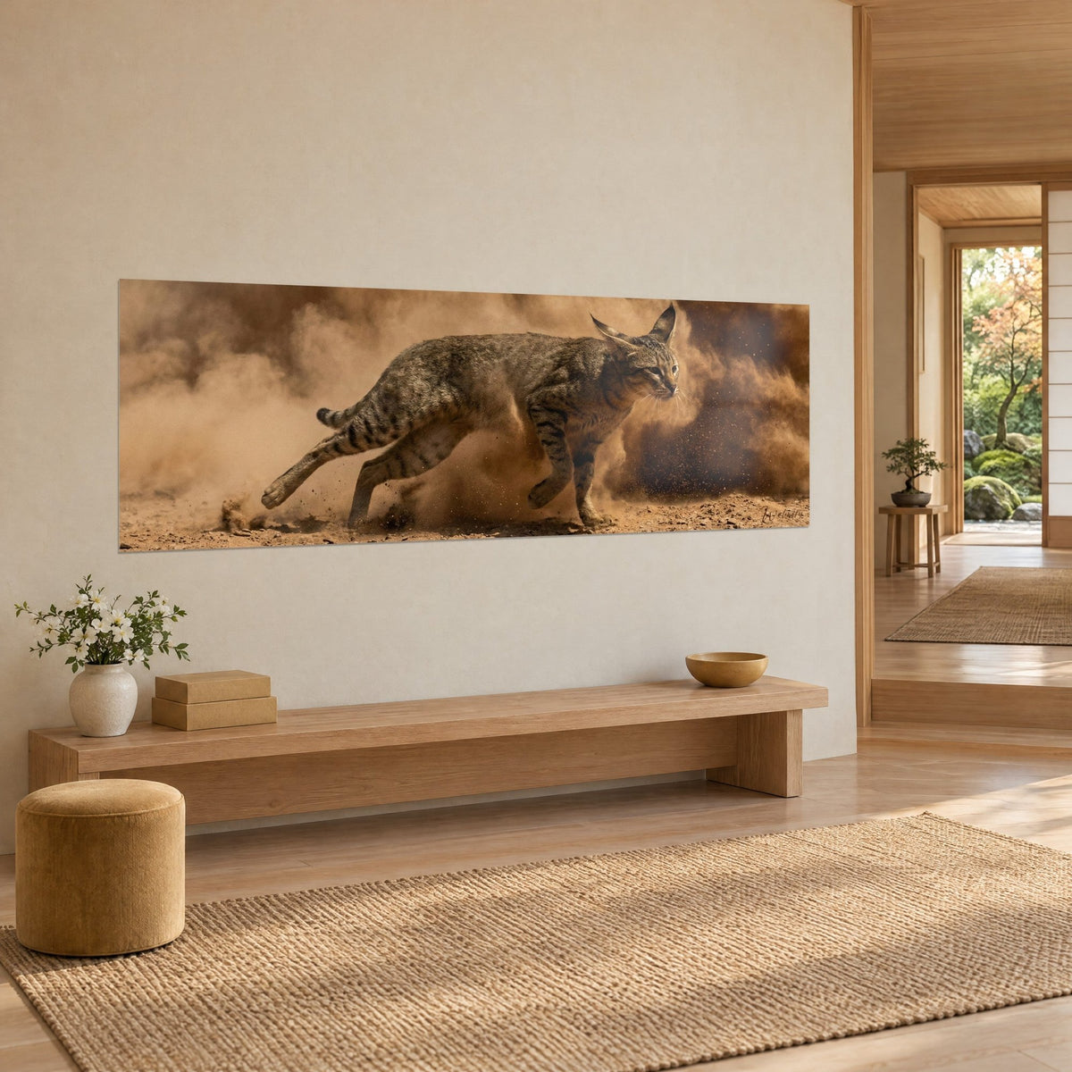 Cuadro gato salvaje atigrado en plena carrera, orejas erguidas, arena beige y polvo marrón levantado, pared color crema de una casa japandi