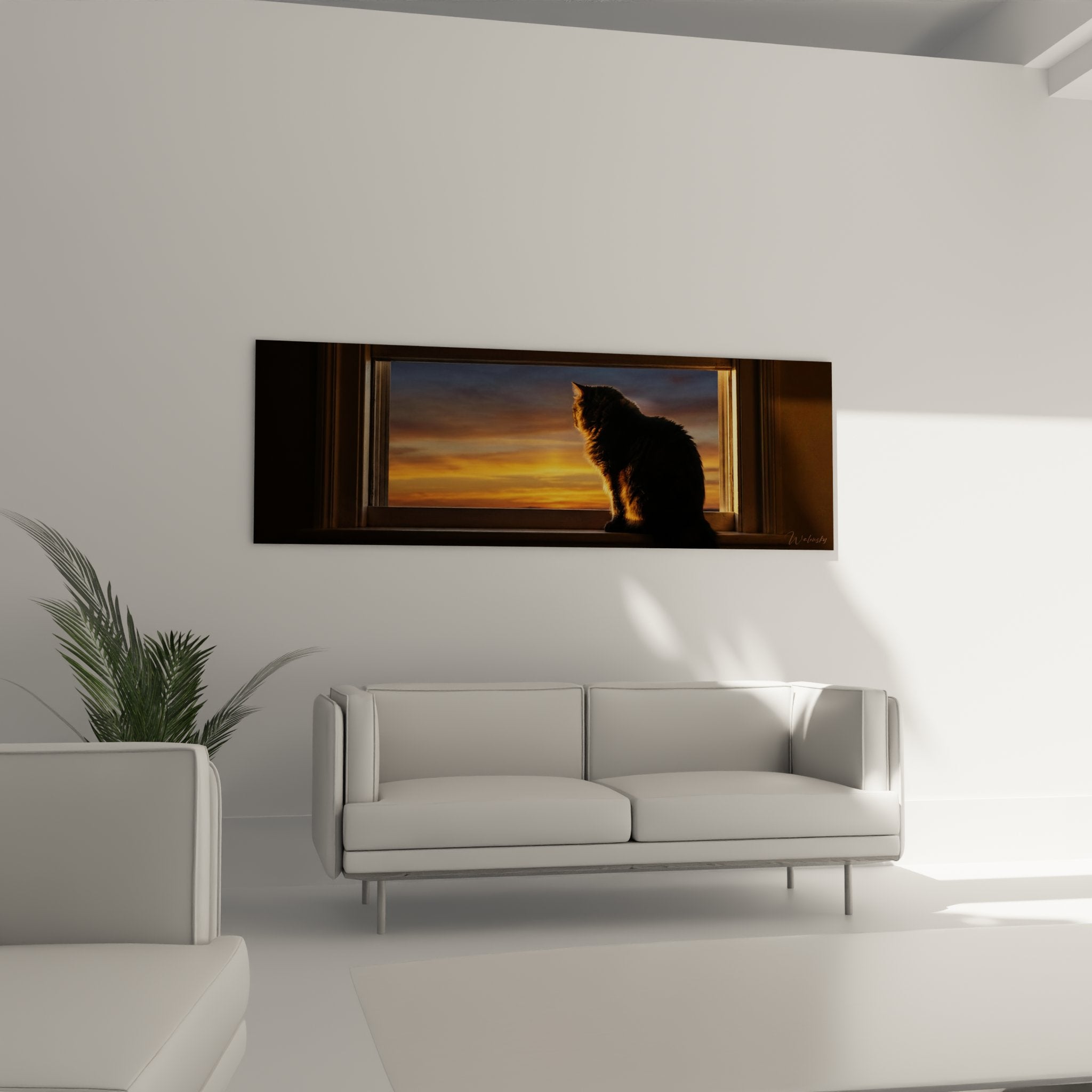 Detail tableau chat silhouette fenetre rayons soleil pelage illumine art felin