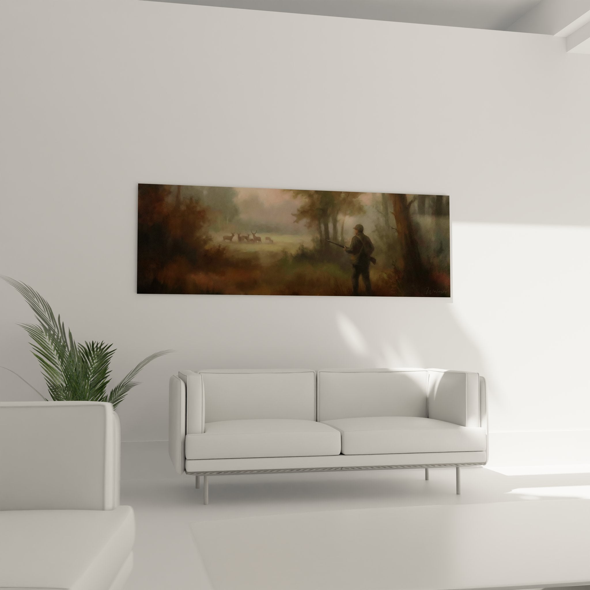 Détail tableau chasseur affût, peinture brume matinale, qualité impression art mural, texture toile chasse