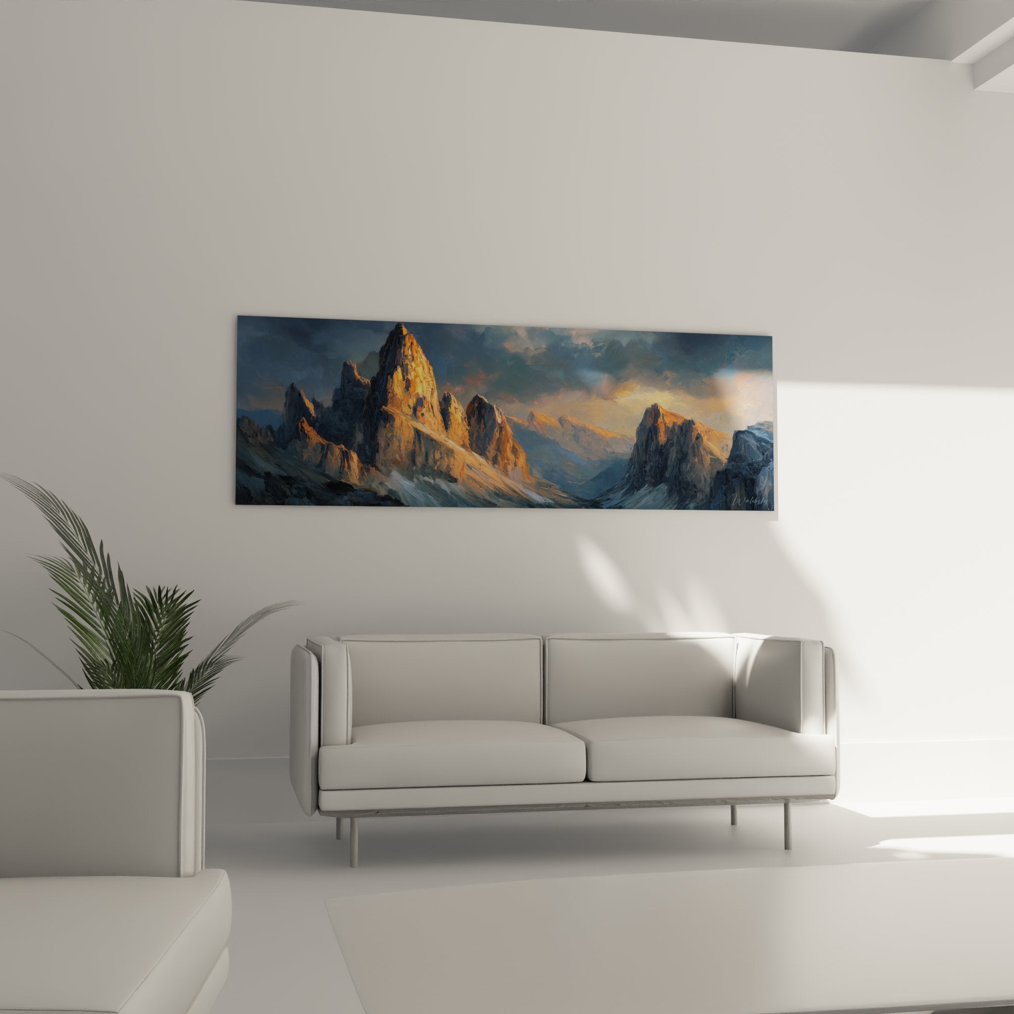 Detail of the Dolomites artwork showing the texture of golden rocks and warm color nuances