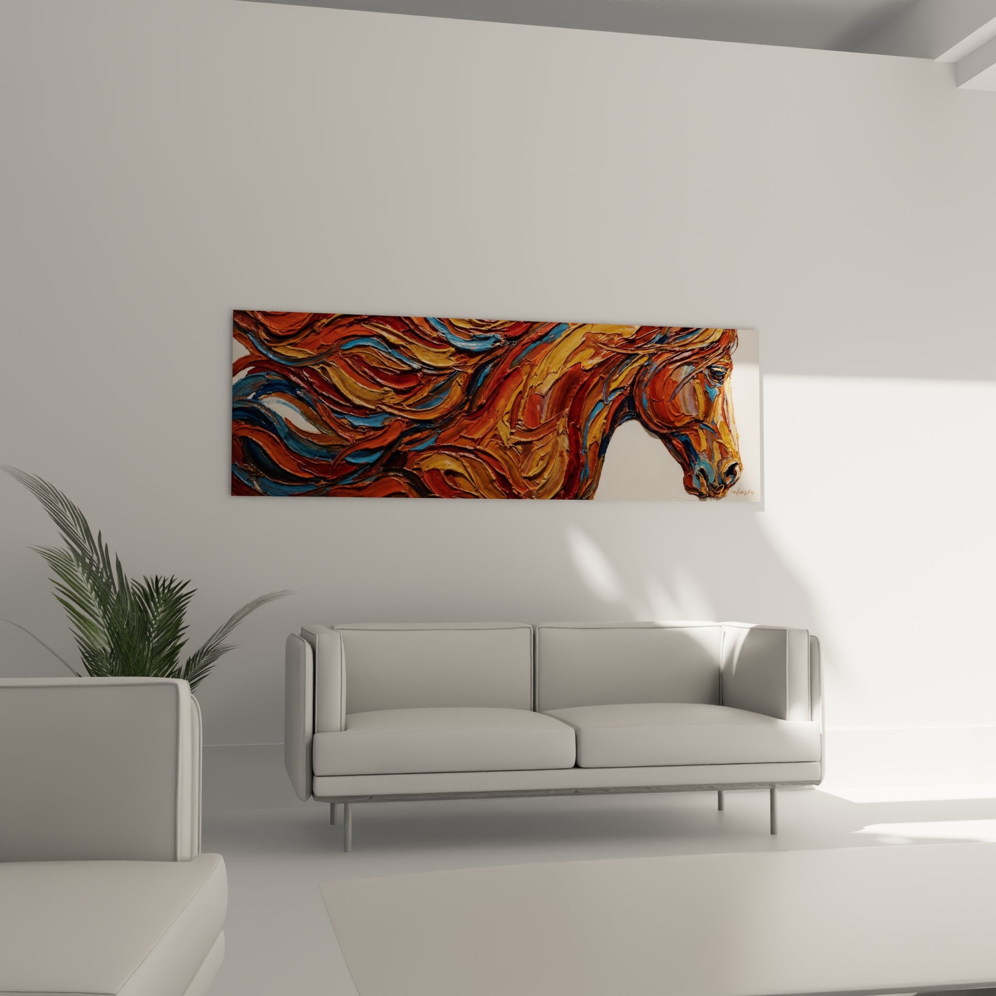 Détail texture empâtement peinture cheval abstrait montrant technique artistique couleurs vives